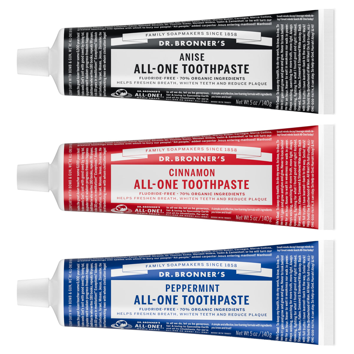 Pasta de dientes Dr. Bronner’s All-One sabor menta, pack para una limpieza suave y fresca.