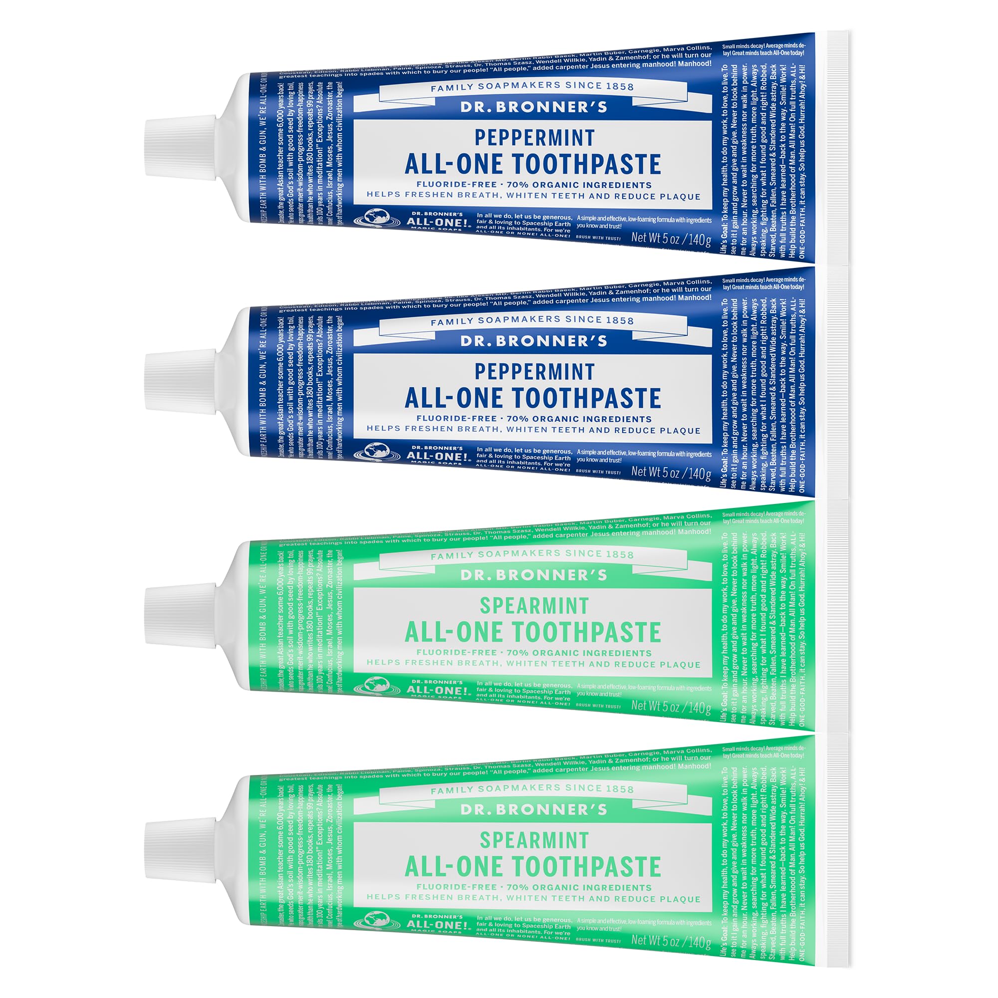 Dr. Bronner’s All-One Pasta de dientes, empaque frontal, opción natural para higiene bucal diaria.