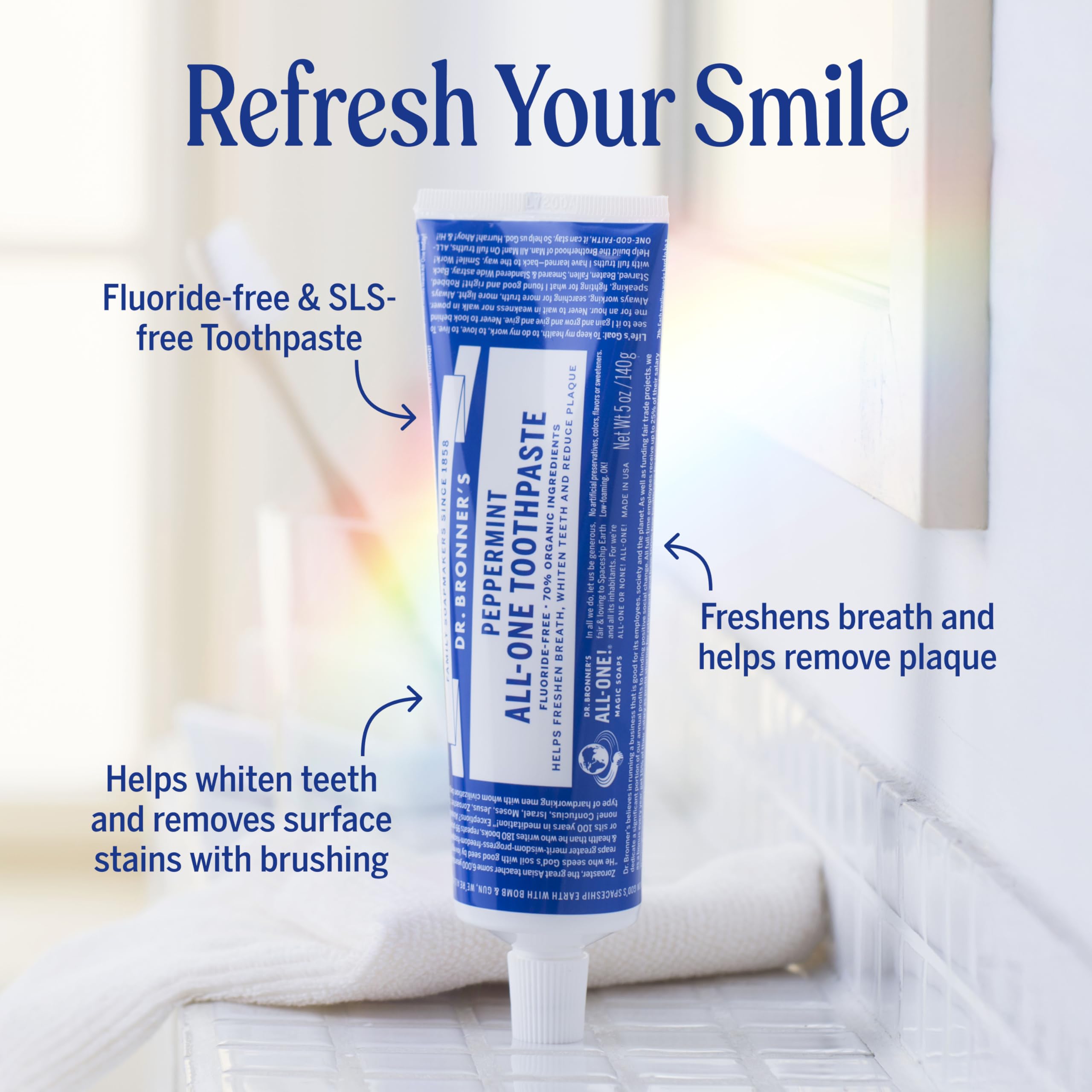 Dr. Bronner’s All-One Pasta de dientes, tubo de menta con etiqueta, aliento fresco.
