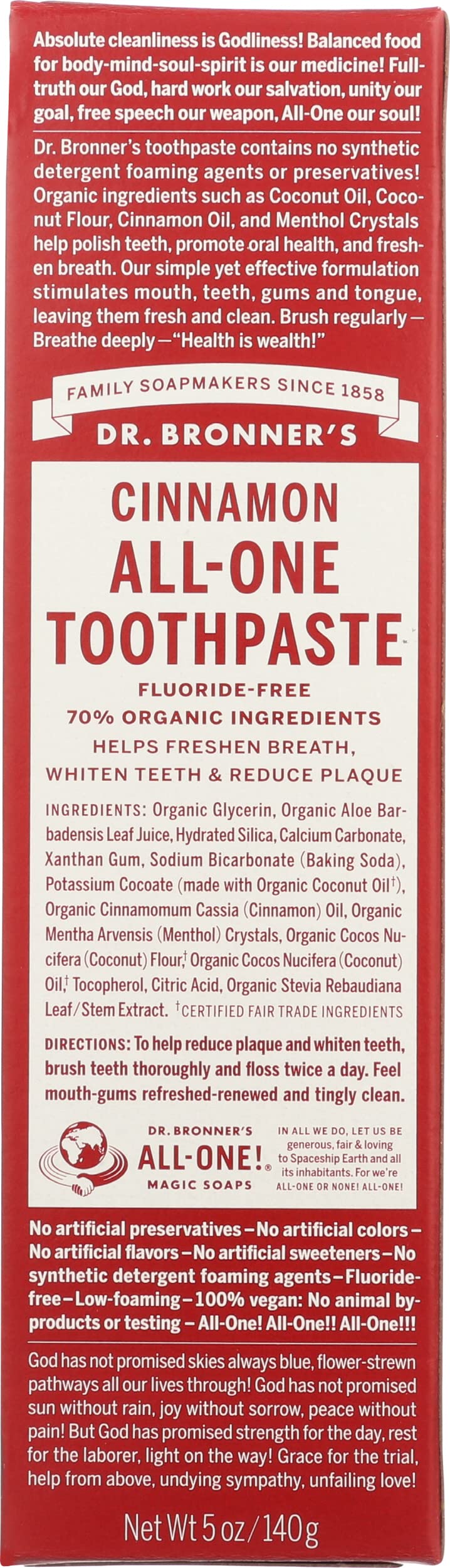 Dr. Bronner's canela pasta de dientes, limpieza suave para aliento fresco y uso diario.