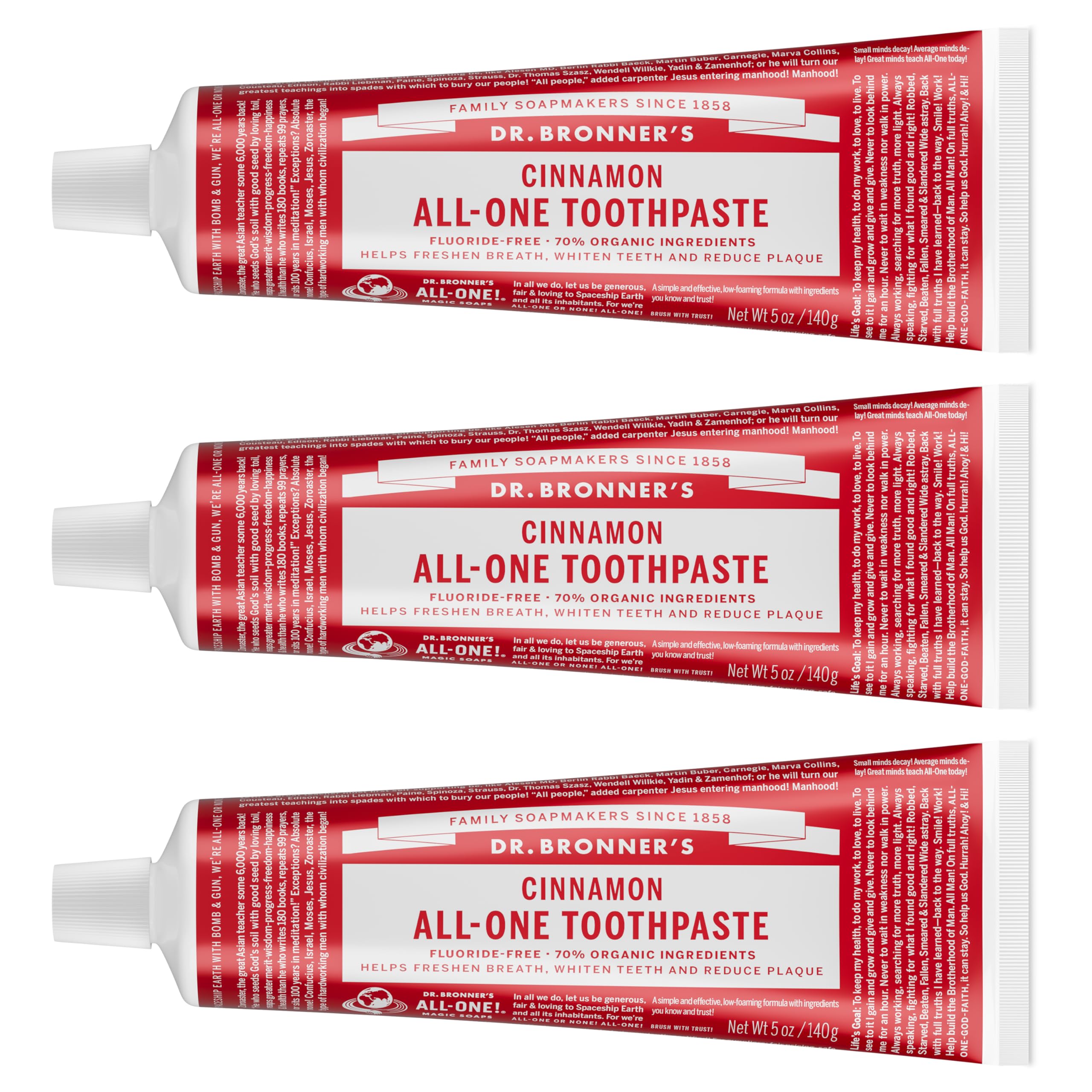 Dr. Bronner’s Pasta Dental Canela 5oz 3-pack para un aliento fresco.