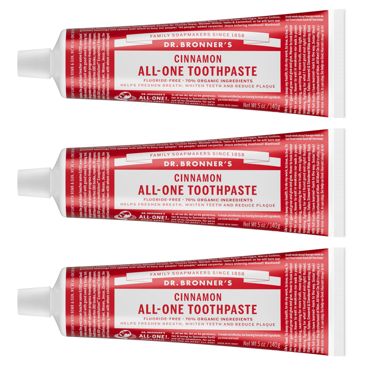 Dr. Bronner’s Pasta Dental Canela 5oz 3-pack para un aliento fresco.