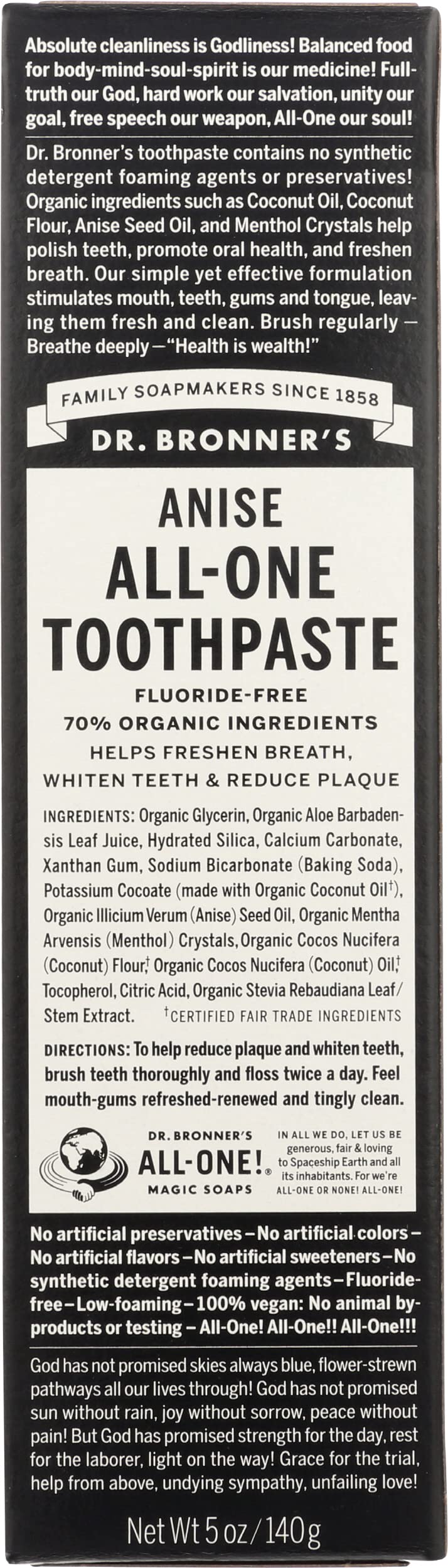 Pasta de dientes Dr. Bronner's Todo-En-Uno anis: tubo de 5 onzas para uso diario y aliento fresco.