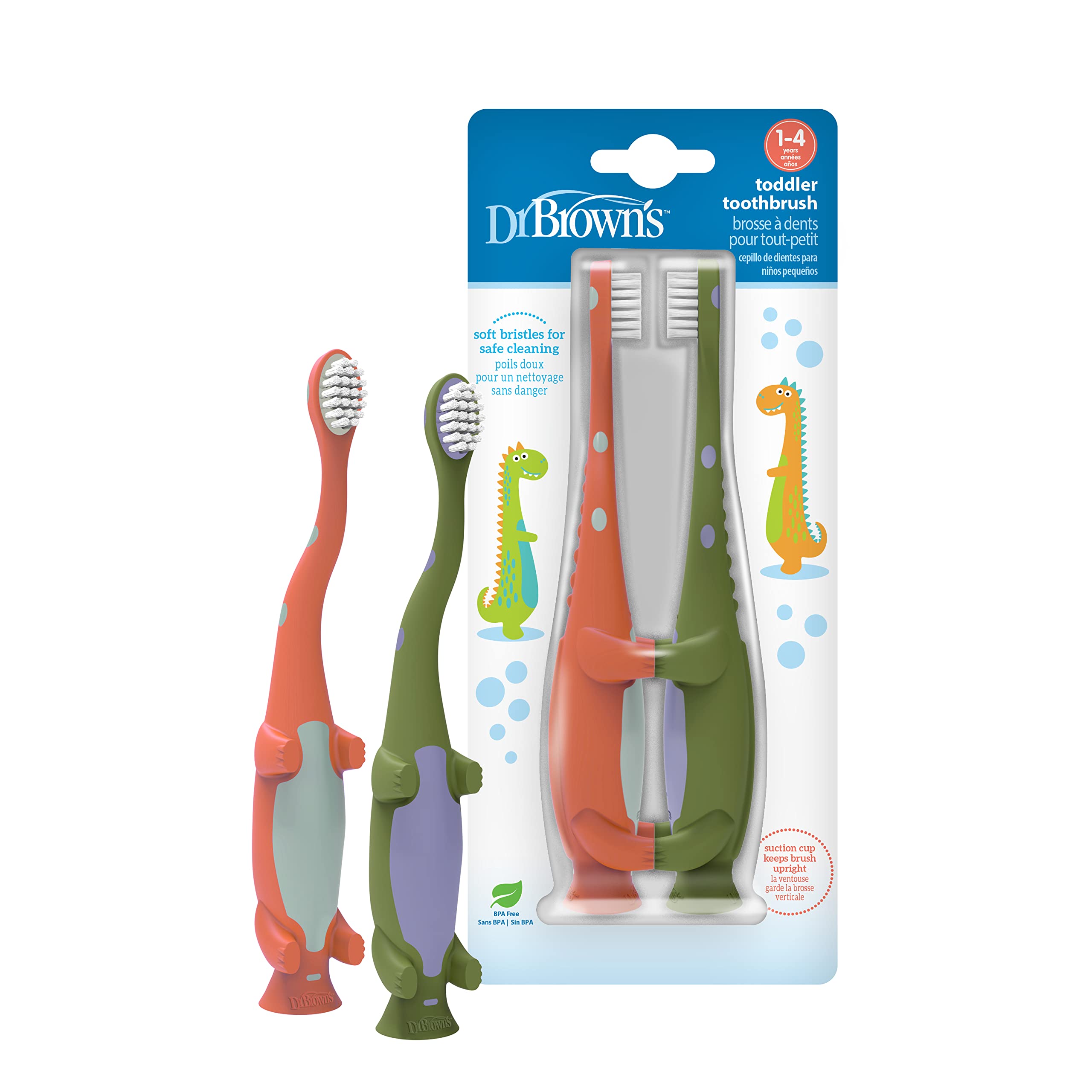Cepillo Dinosaurio de Dr. Brown's para bebé, verde y naranja, ideal para dientes en desarrollo