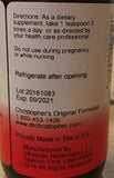 Dr Christopher's Formula Jarabe respiratorio, etiqueta cercana para ver ingredientes y uso recomendado.