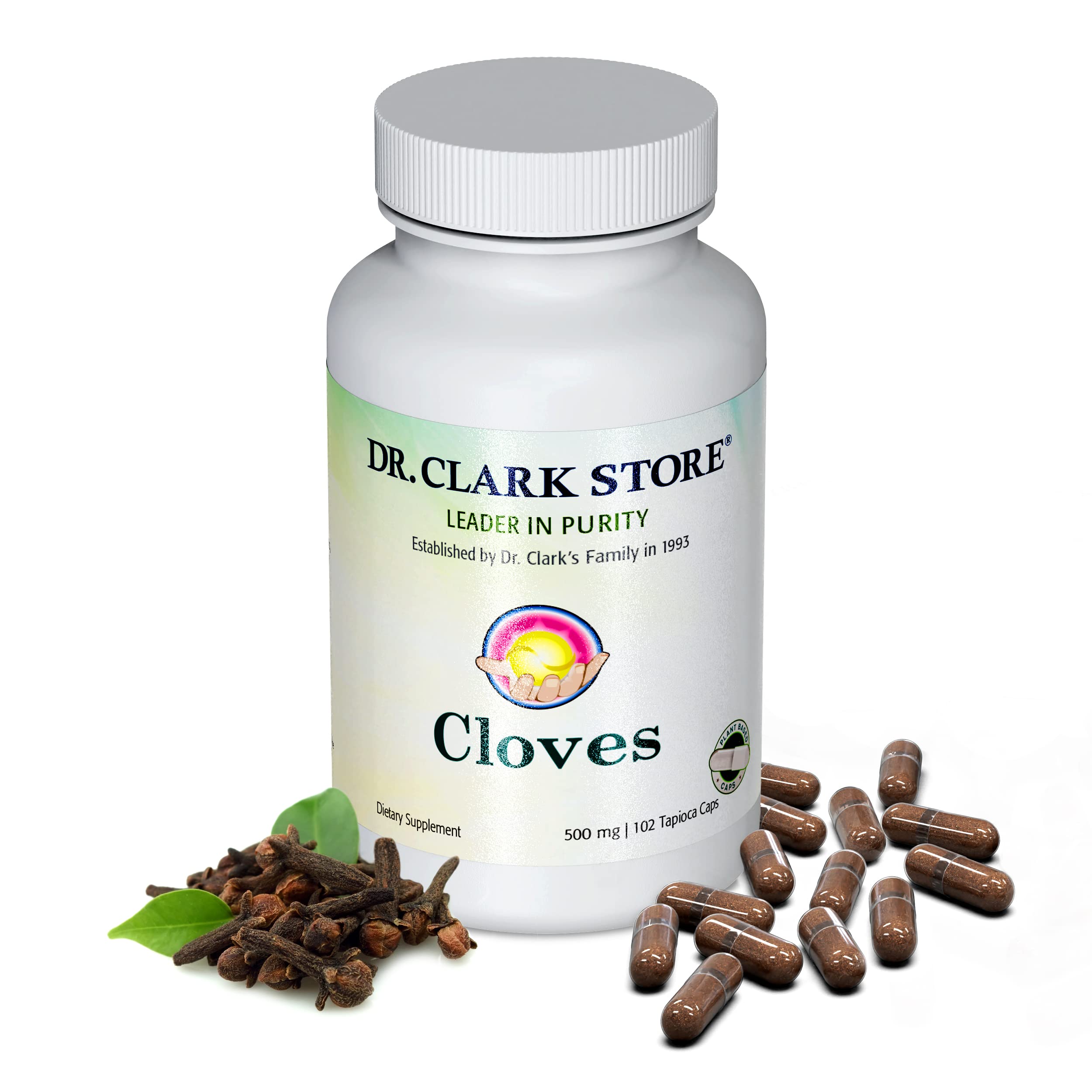 Botella de Dr Clark Store Clavos vegetariano 500 mg, fácil de incorporar en la rutina.
