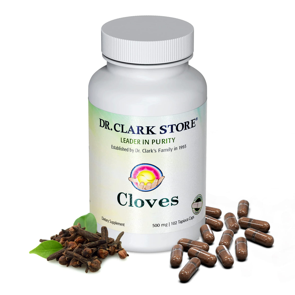 Botella de Dr Clark Store Clavos vegetariano 500 mg, fácil de incorporar en la rutina.
