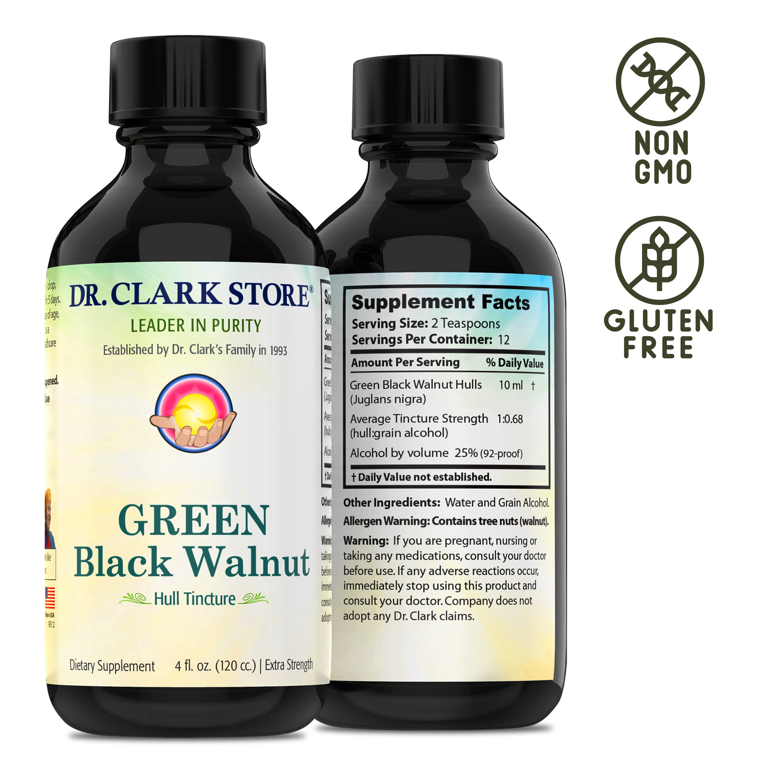 Dr Clark Store: frasco vidrio oscuro tintura nogal verde, almacenamiento seguro.