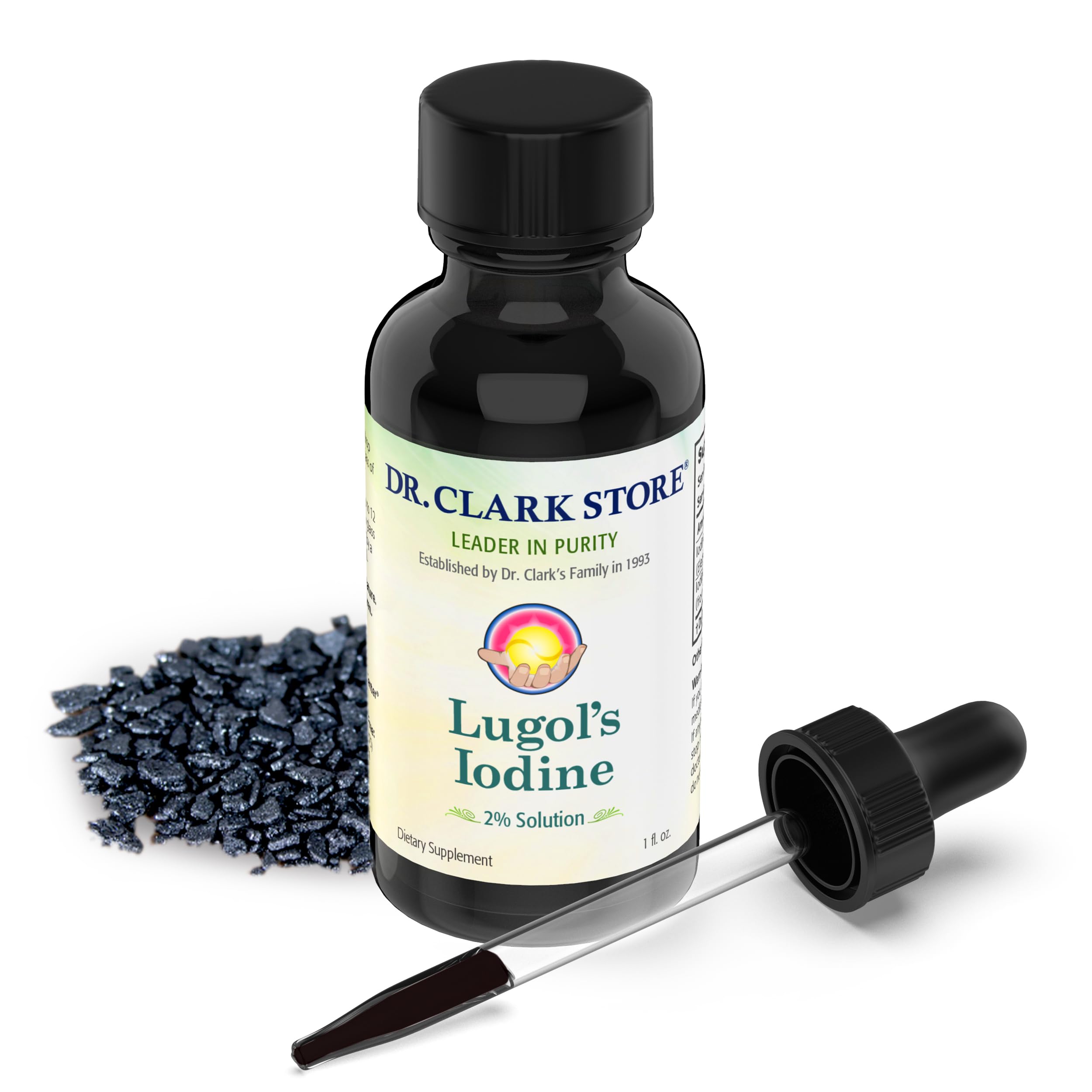 Dr. Clark Store yodo lugol, botella marrón con cuentagotas para uso diario.