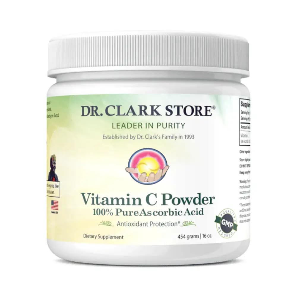 Dr Clark Vitamina C en polvo, frasco elegante, apoyo al sistema inmunológico.