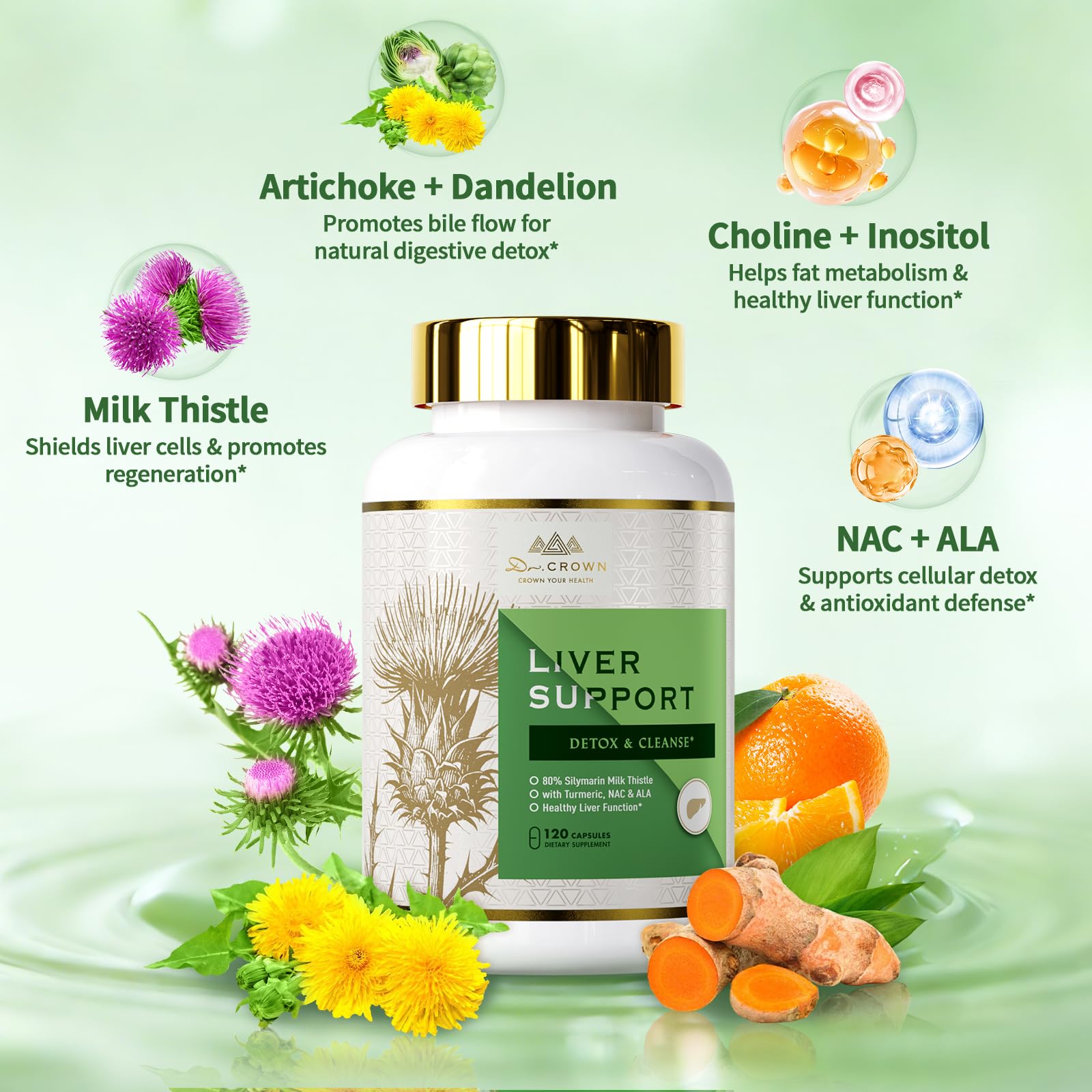 DR. CROWN Liver Cleanse: alcachofa y cúrcuma, ingredientes clave para protección antioxidante.