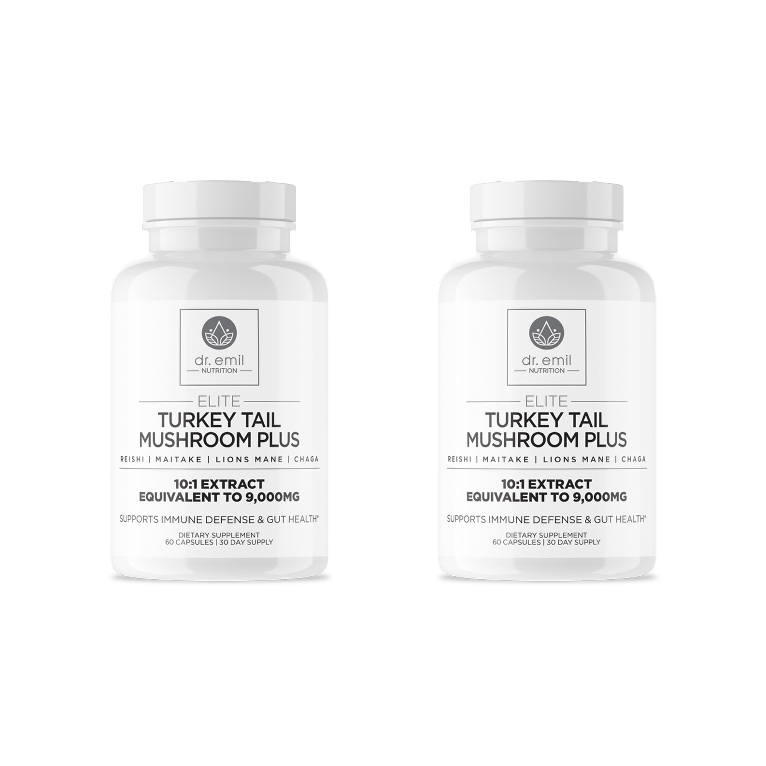 DR. EMIL NUTRITION Elite Hongos Cola de Pavo, botella visible, posible apoyo a la inmunidad diaria.