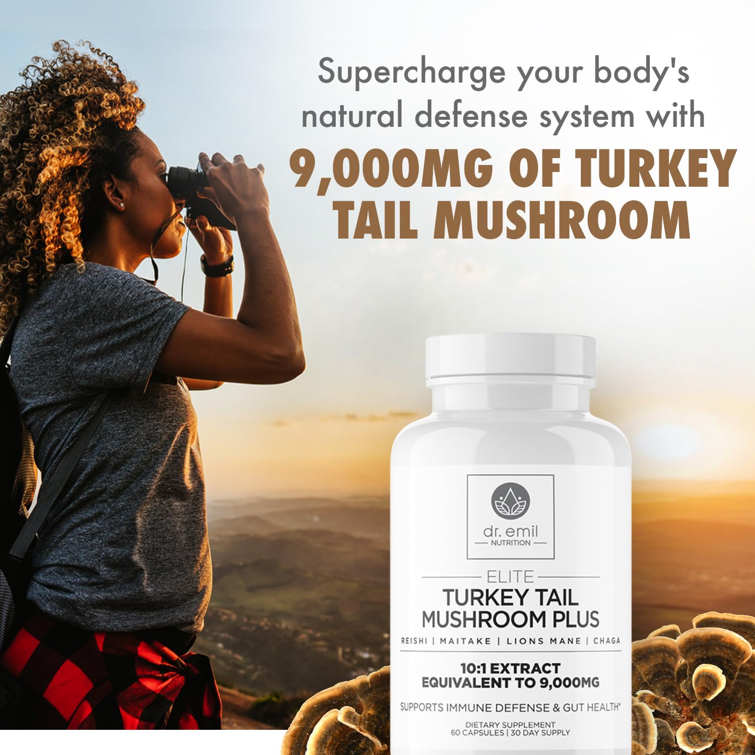 DR EMIL NUTRITION Hongo Cola de Pavo, cápsulas en primer plano muestran la fórmula concentrada para apoyo inmunitario.