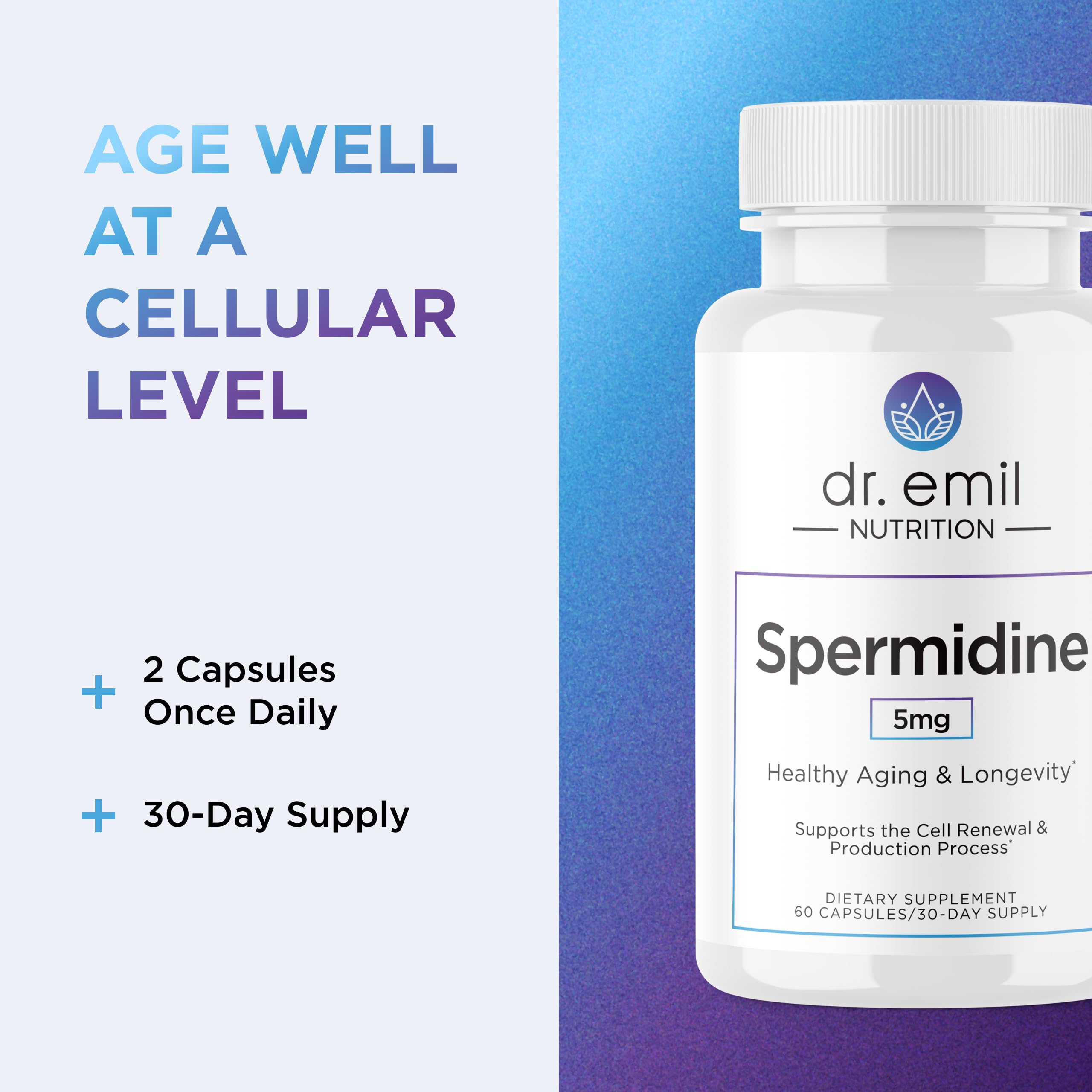 Dr. Emil Nutrition Spermidine 5mg – vaso de agua para tomar con la dosis.
