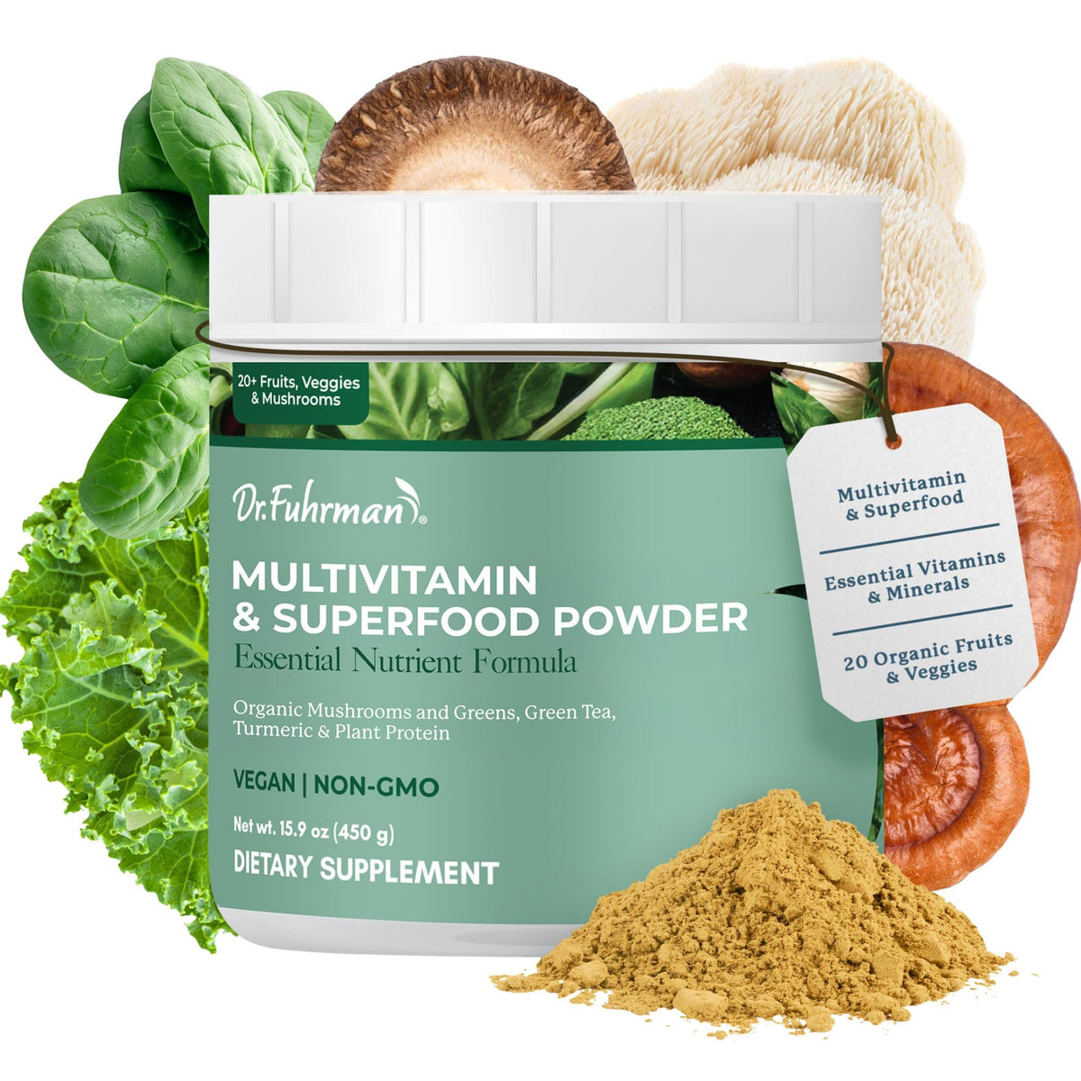 Dr. Fuhrman Complete Greens en envase, impulso diario de nutrientes vegetales.