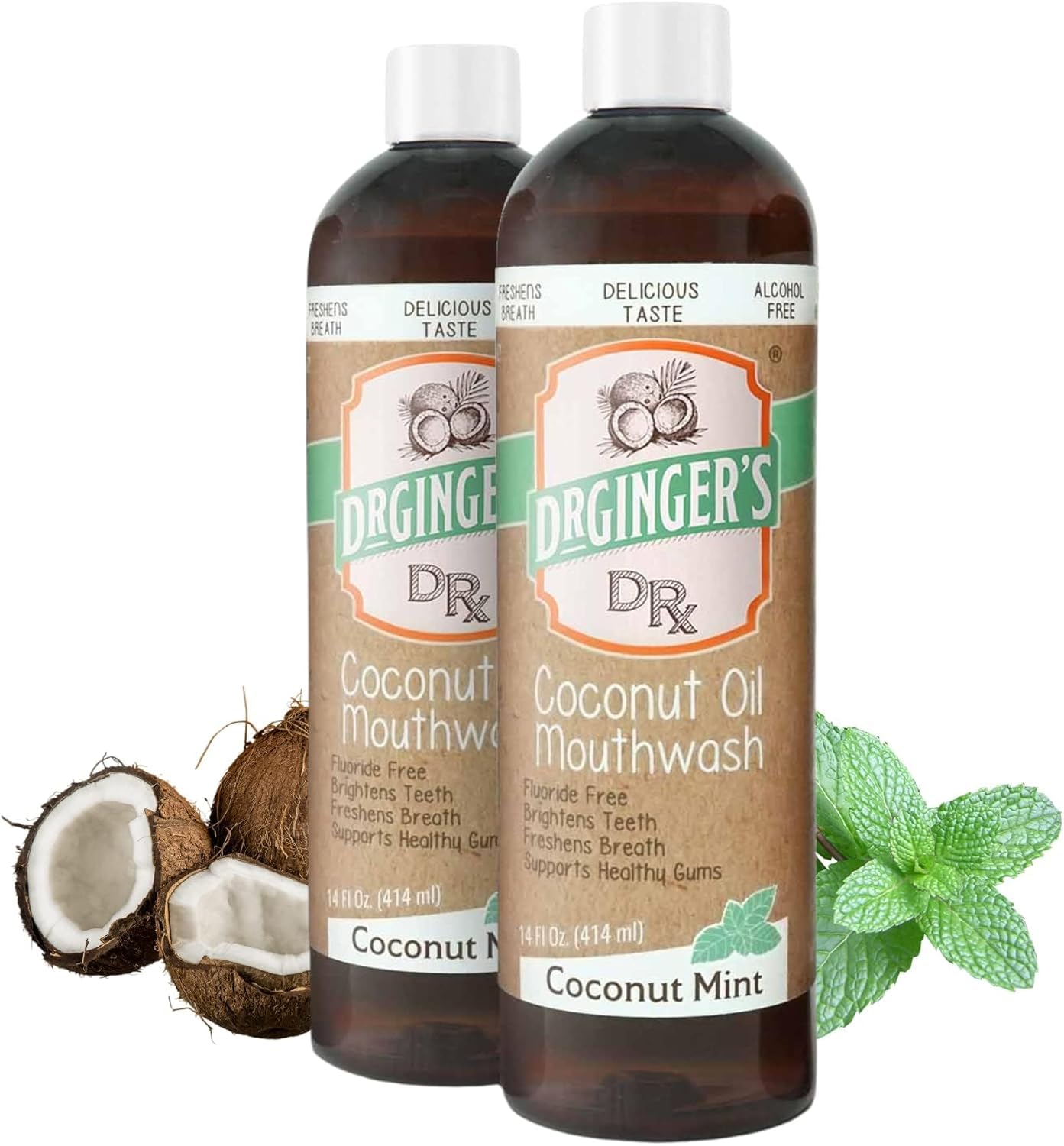 Dr. Ginger’s enjuague bucal de coco sin alcohol con sabor a menta para frescura diaria.