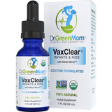 Dr. Green Mom VaxClear: frasco de gotas para niños, posible apoyo suave para detoxificación natural.