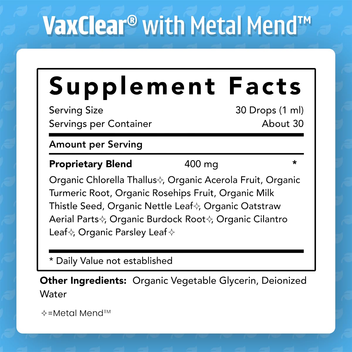 Dr. Green Mom VaxClear: caja con certificaciones orgánicas.