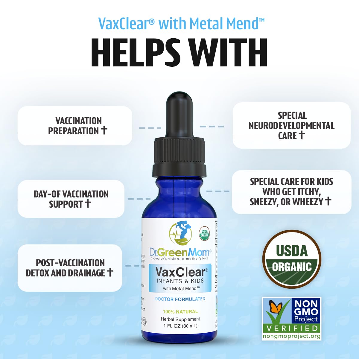 Dr. Green Mom VaxClear: etiqueta orgánica y natural para niños.
