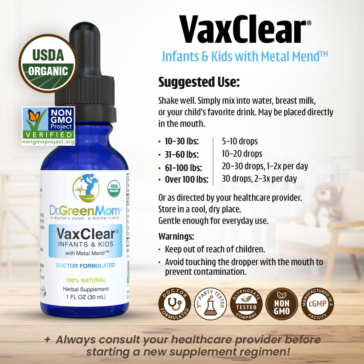 Dr. Green Mom VaxClear: chlorella, cilantro y cúrcuma, ingredientes clave.