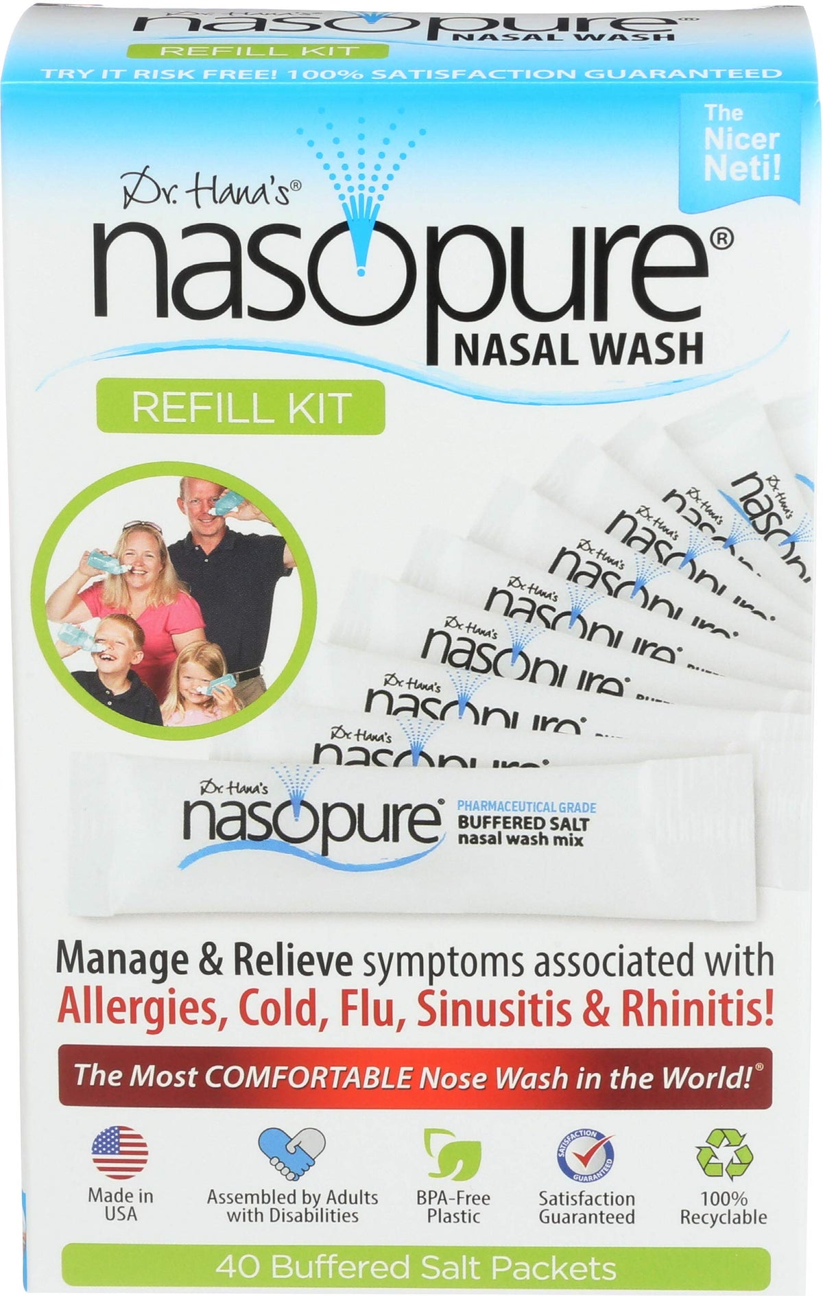 Kit Nasopure con 40 porciones para lavado nasal suave.