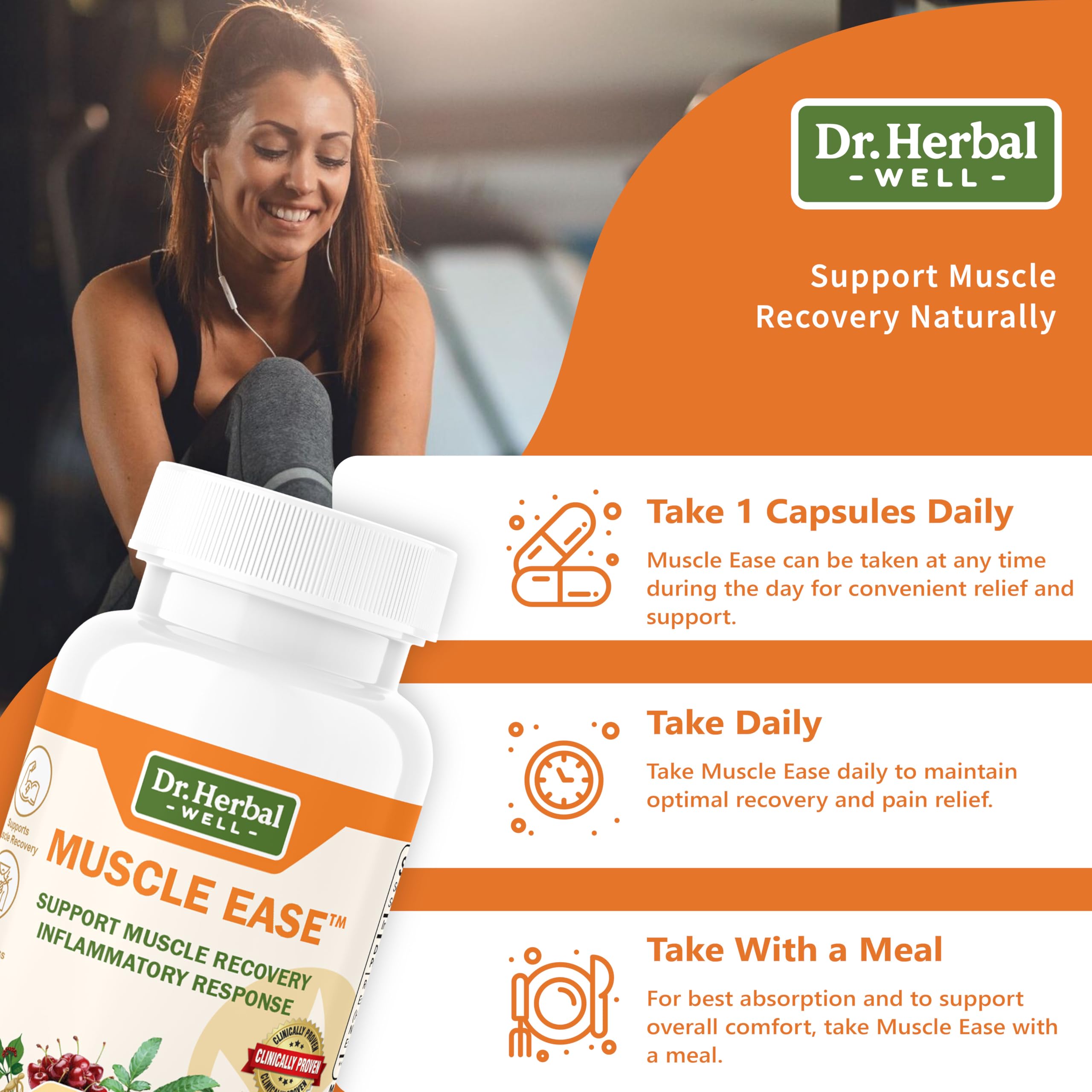 DR. HERBAL WELL Muscle Ease persona tomando cápsula para recuperación muscular