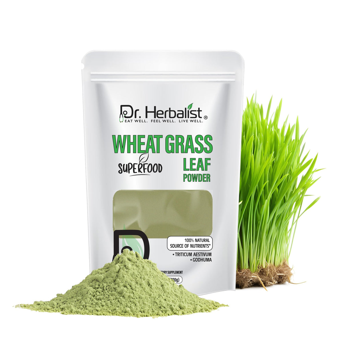 Dr. HERBALIST polvo trigo verde 200 g para batidos nutritivos.