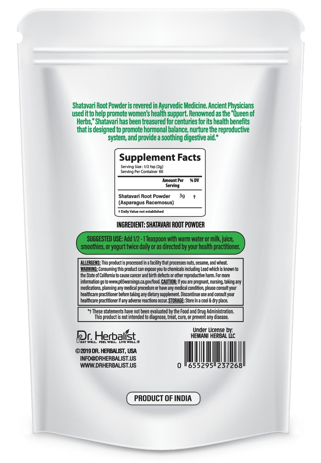 Dr. HERBALIST Shatavari, textura en polvo, ideal para batidos diarios