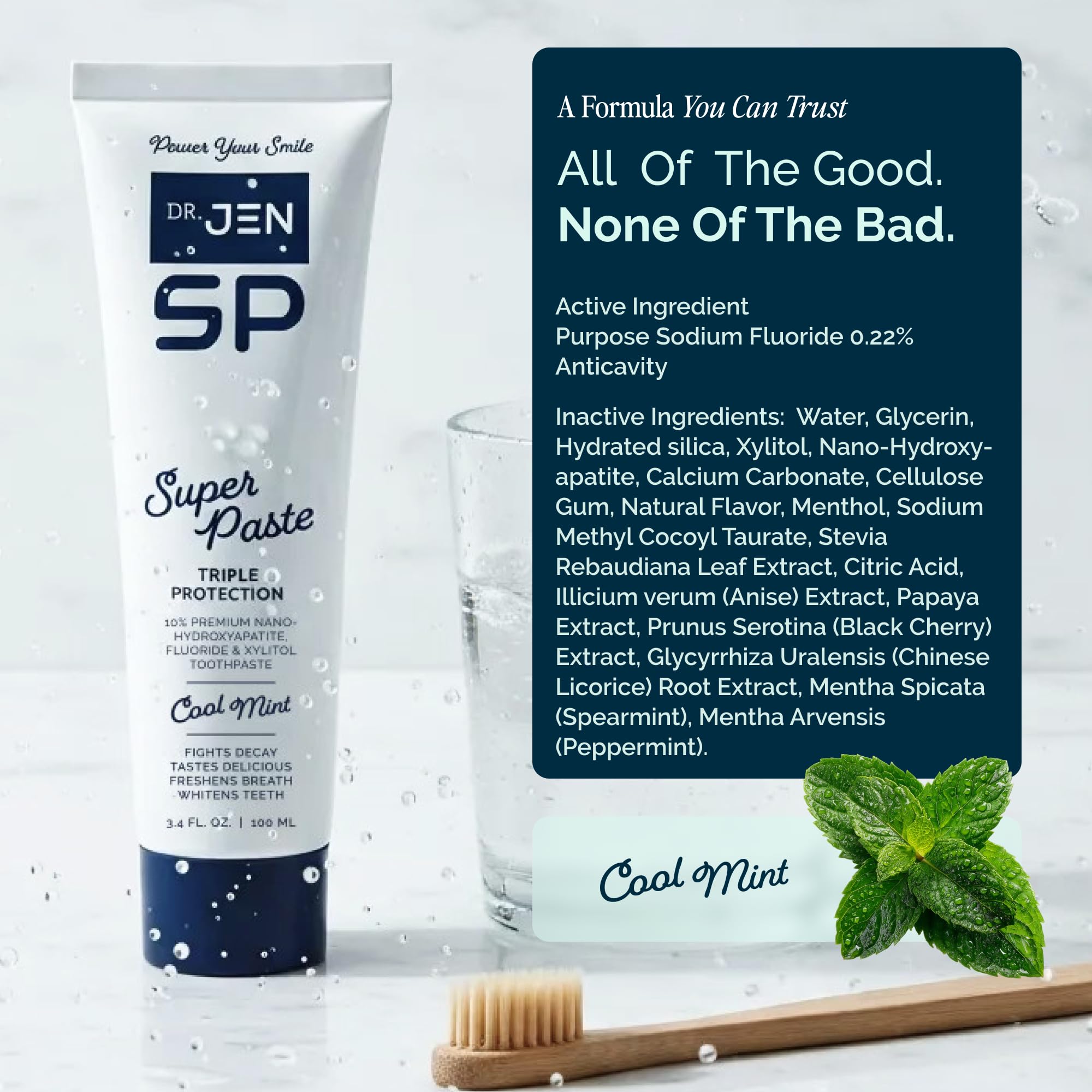Dr. Jen Super Pasta: fluoruro y nano hidroxiapatita para cuidado suave.