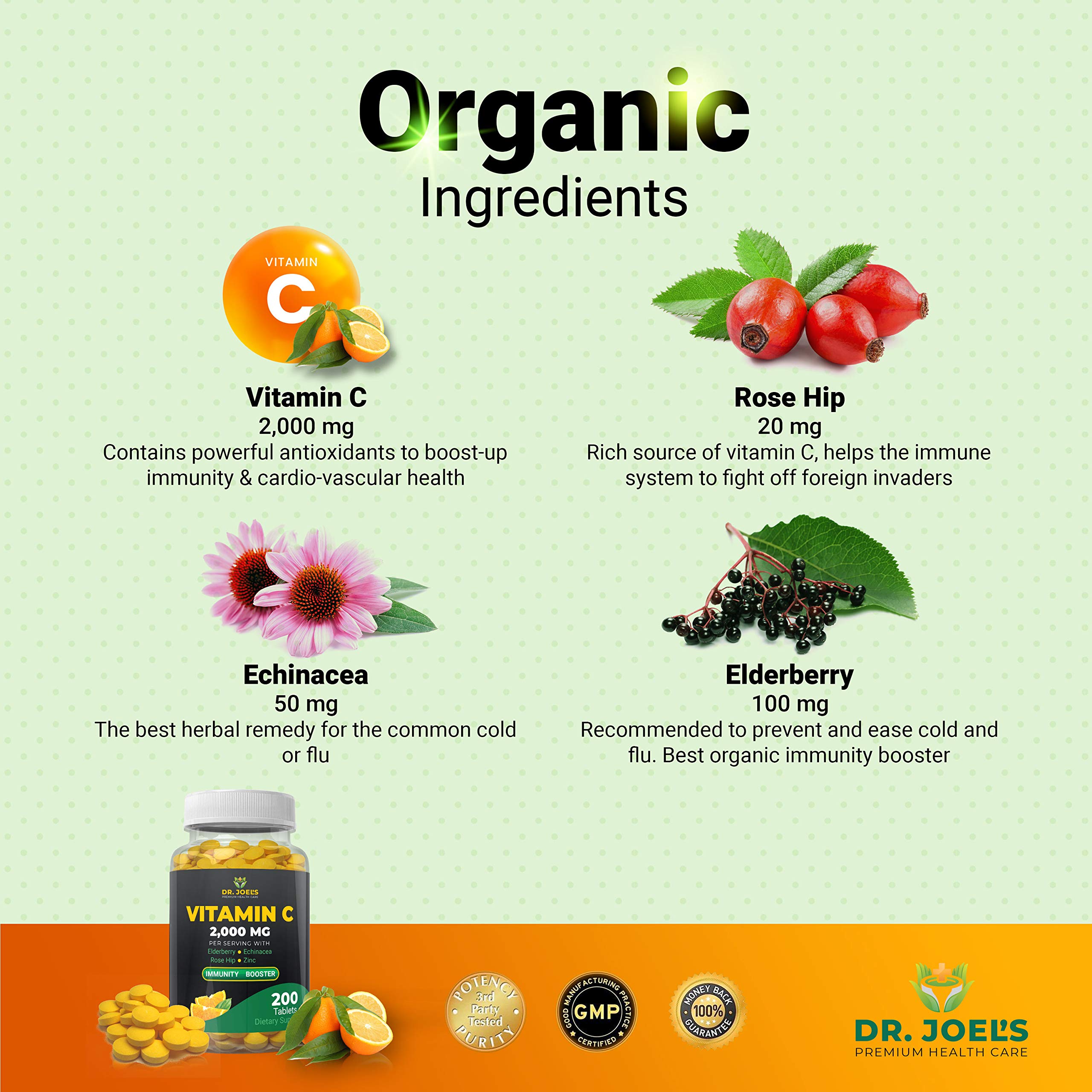 Dr. JOEL'S Vitamina C 2000 mg: etiqueta clara con ingredientes y certificaciones.