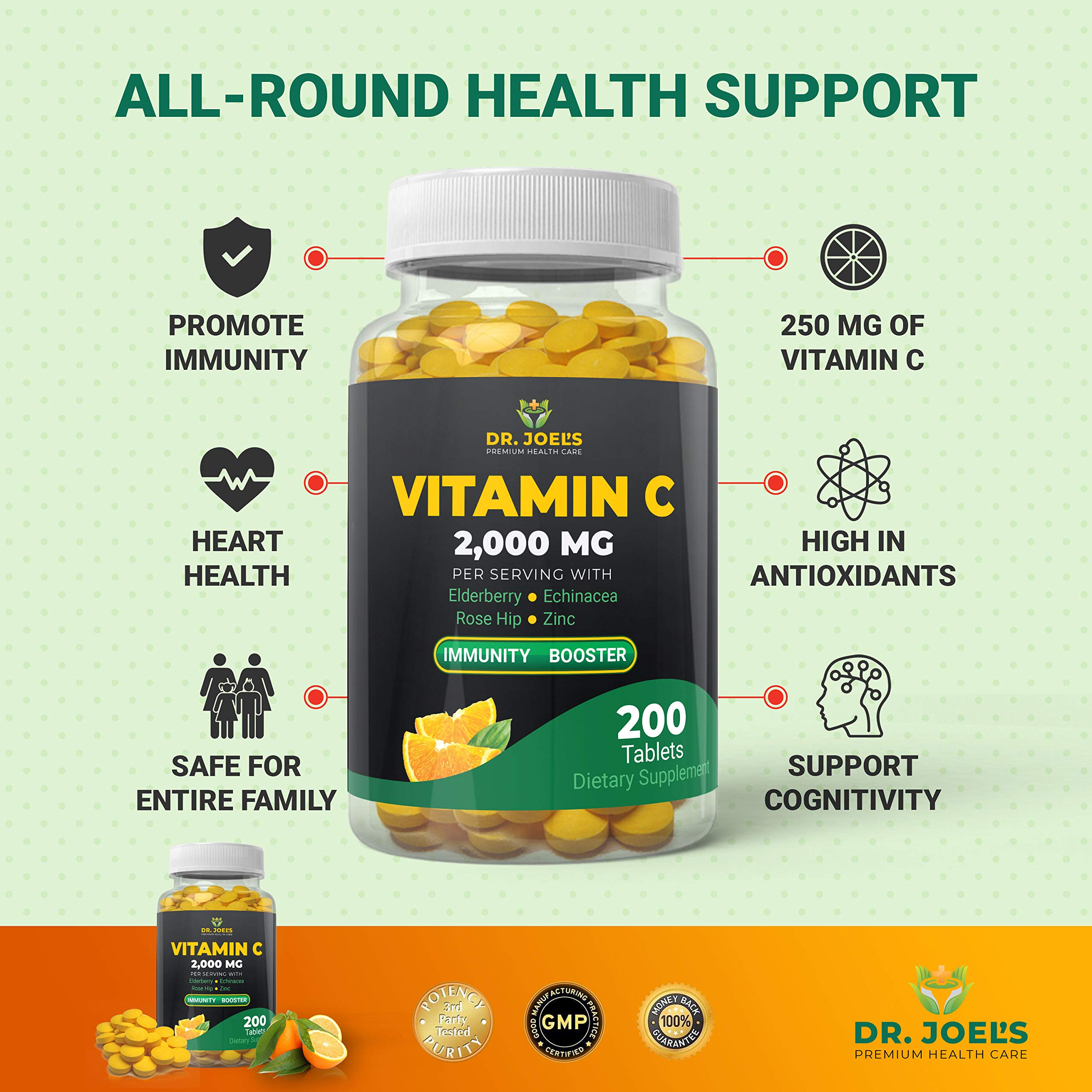 Dr. JOEL'S Vitamina C 2000 mg: ingredientes naturales sauco, rosa mosqueta y equinácea.