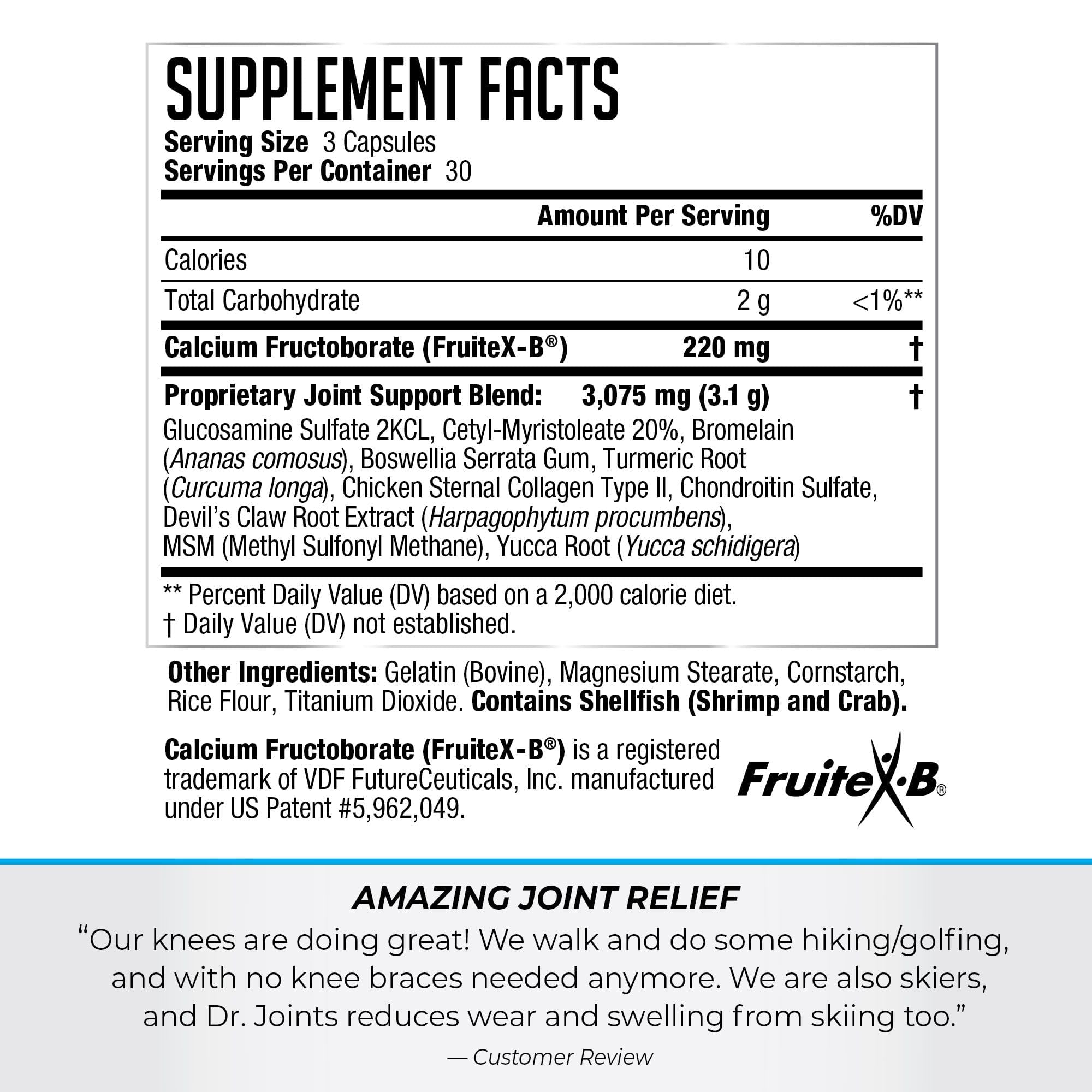Dr. Joints NDS Nutrition Advanced, etiqueta-detalle: muestra FruiteX-B y glucosamina.