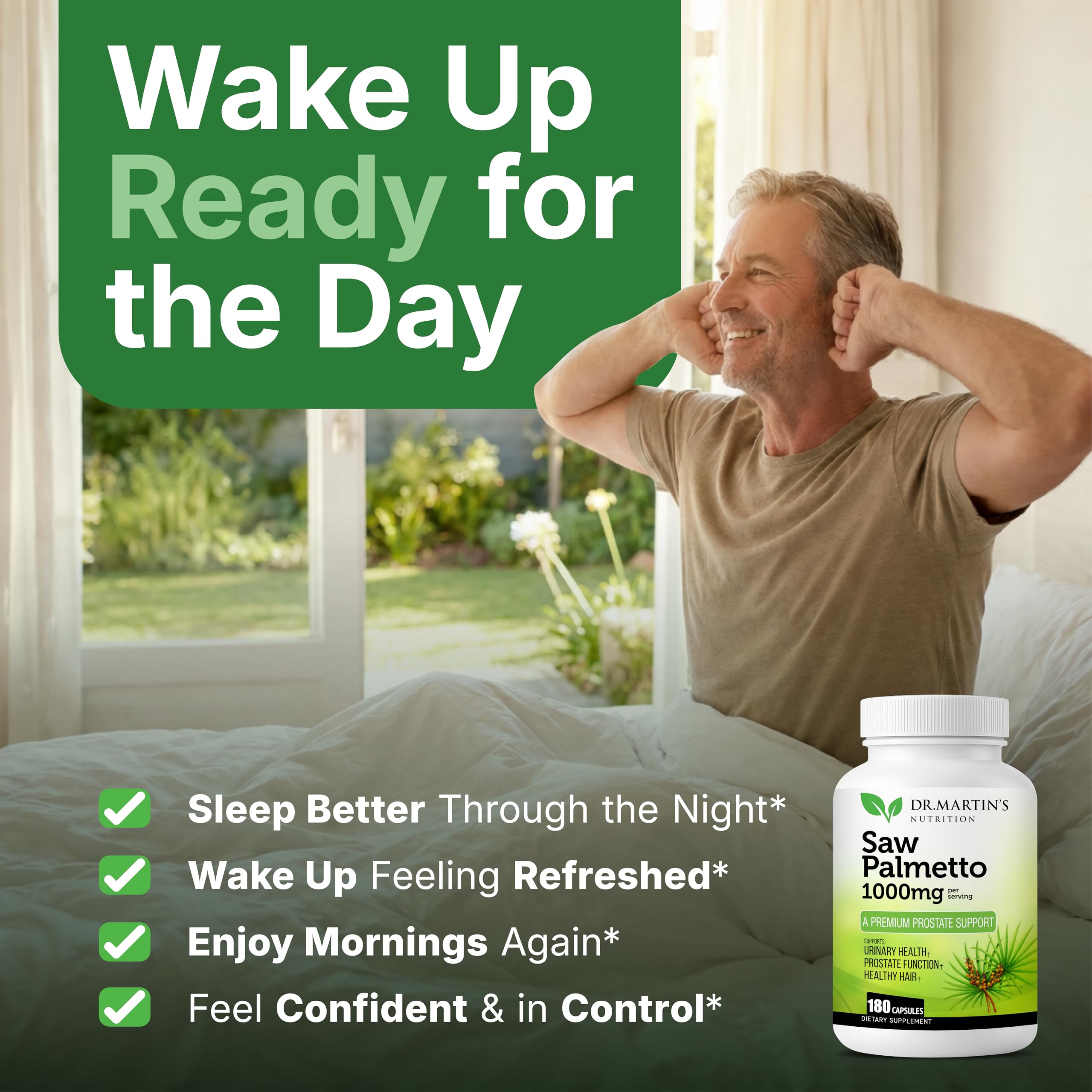 DR. MARTIN'S NUTRITION Saw Palmetto botella, primer plano para uso diario