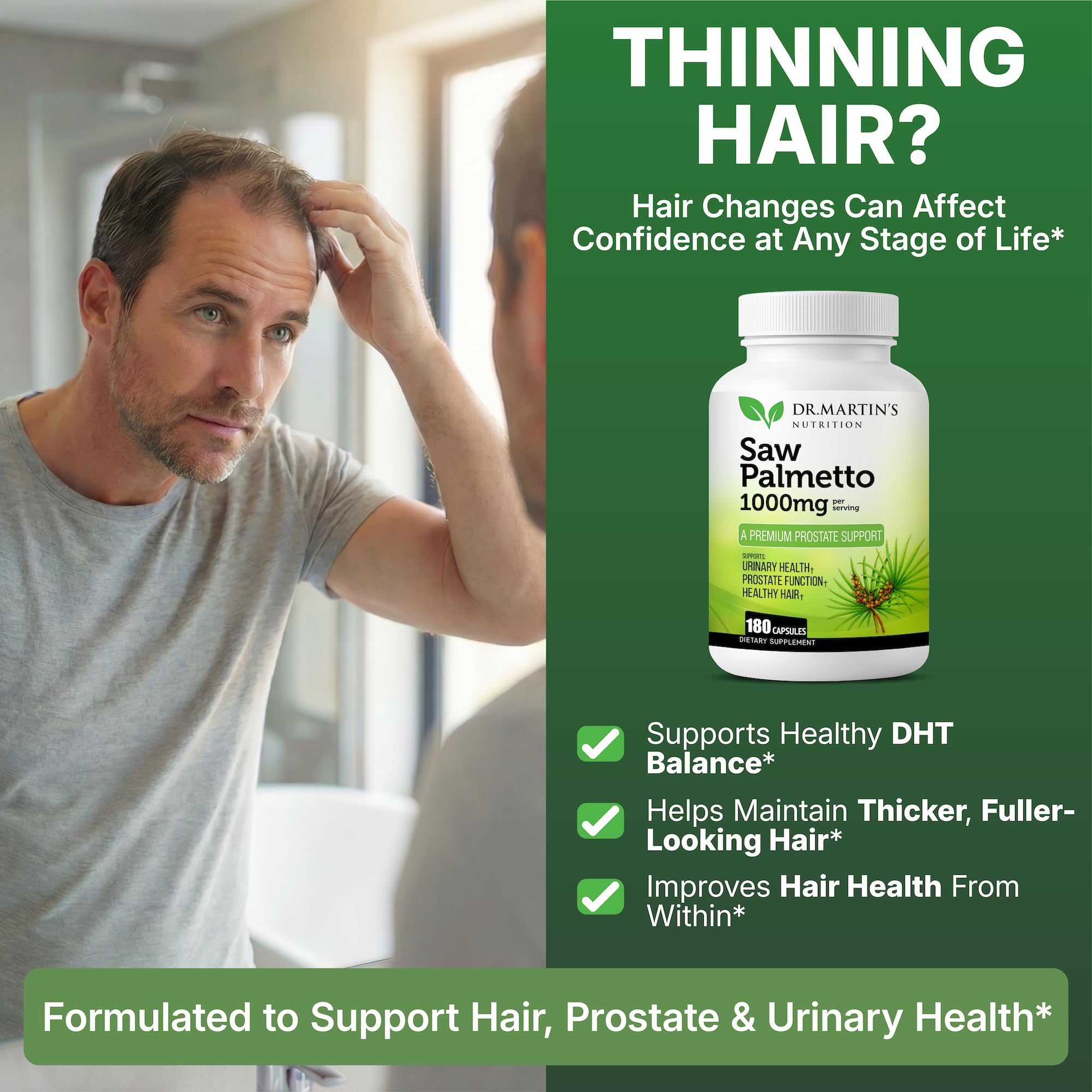 DR. MARTIN'S NUTRITION Saw Palmetto cápsulas apiladas para ingesta fácil