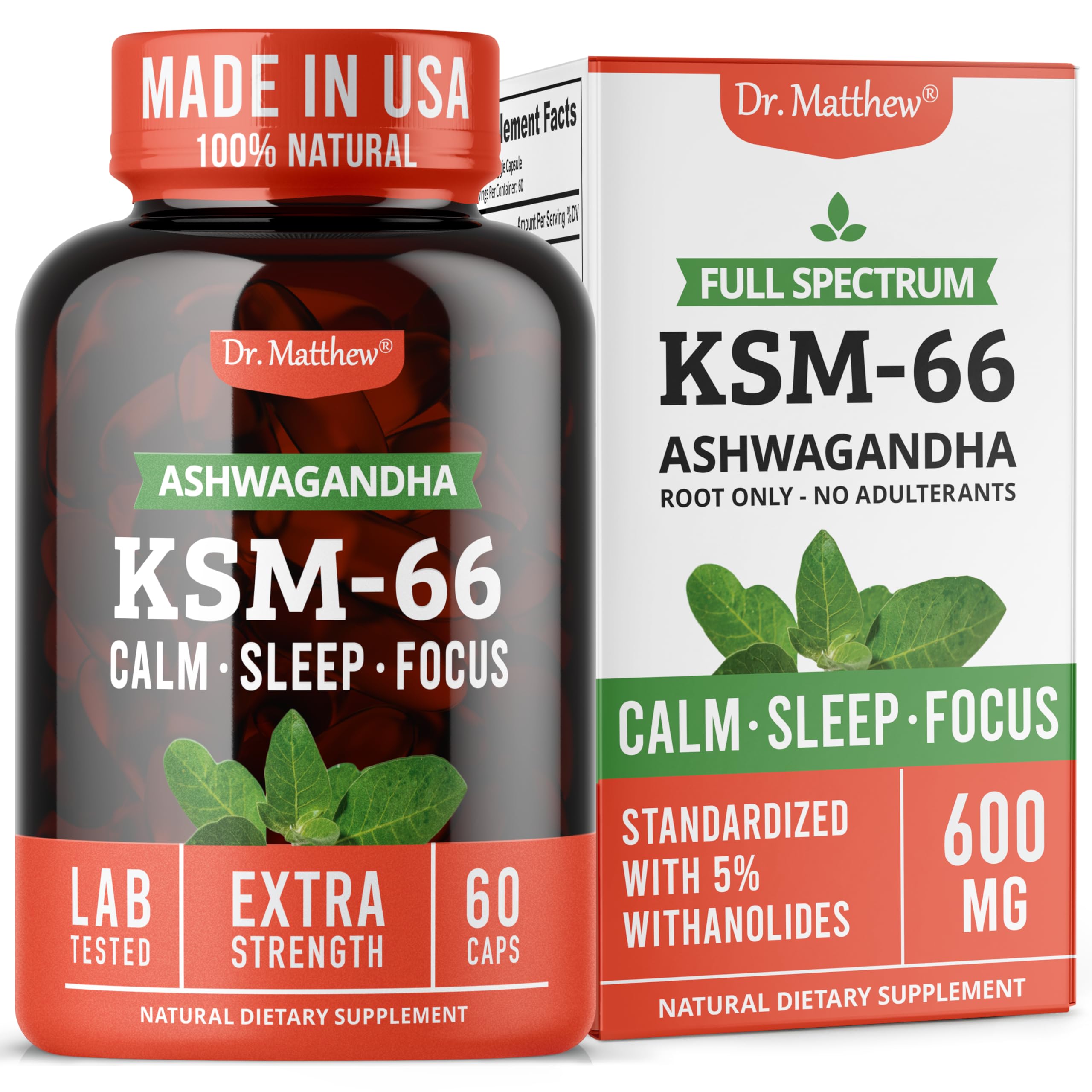 Dr. Matthew Ashwagandha KSM66 cápsulas: apoyo al enfoque y la calma diaria.