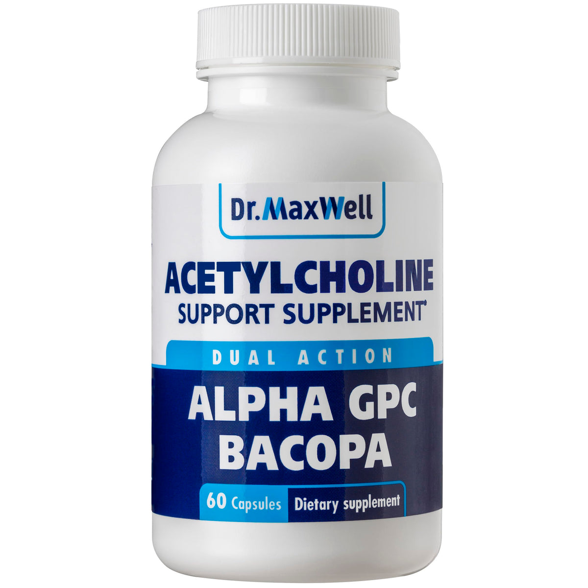 Dr. Maxwell Acetilcolina Alpha GPC 600 mg – botella con cápsulas para memoria.