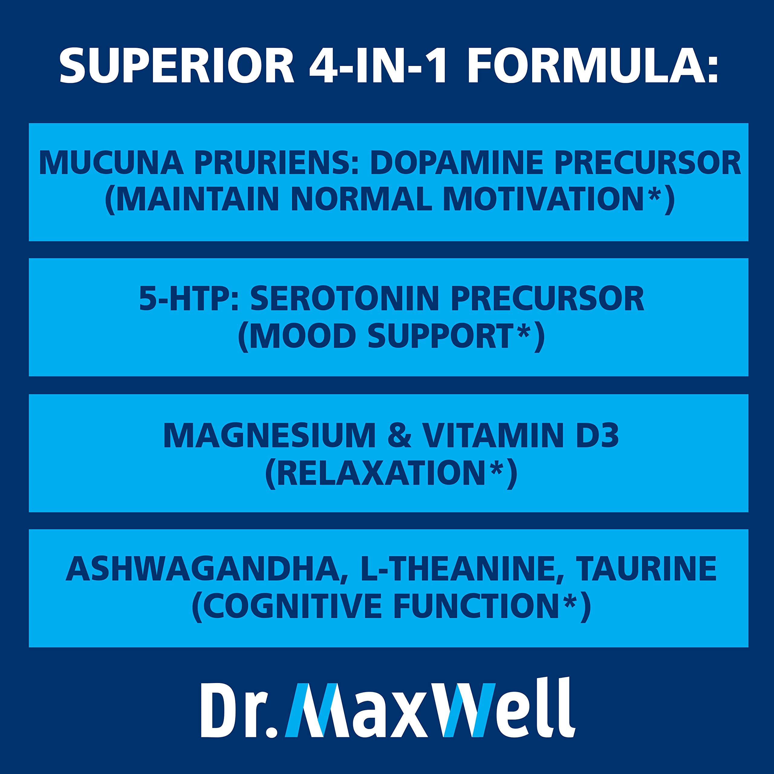 Dr Maxwell composición con Mucuna Pruriens y 5-HTP para dopamina y serotonina.