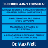 Dr Maxwell composición con Mucuna Pruriens y 5-HTP para dopamina y serotonina.