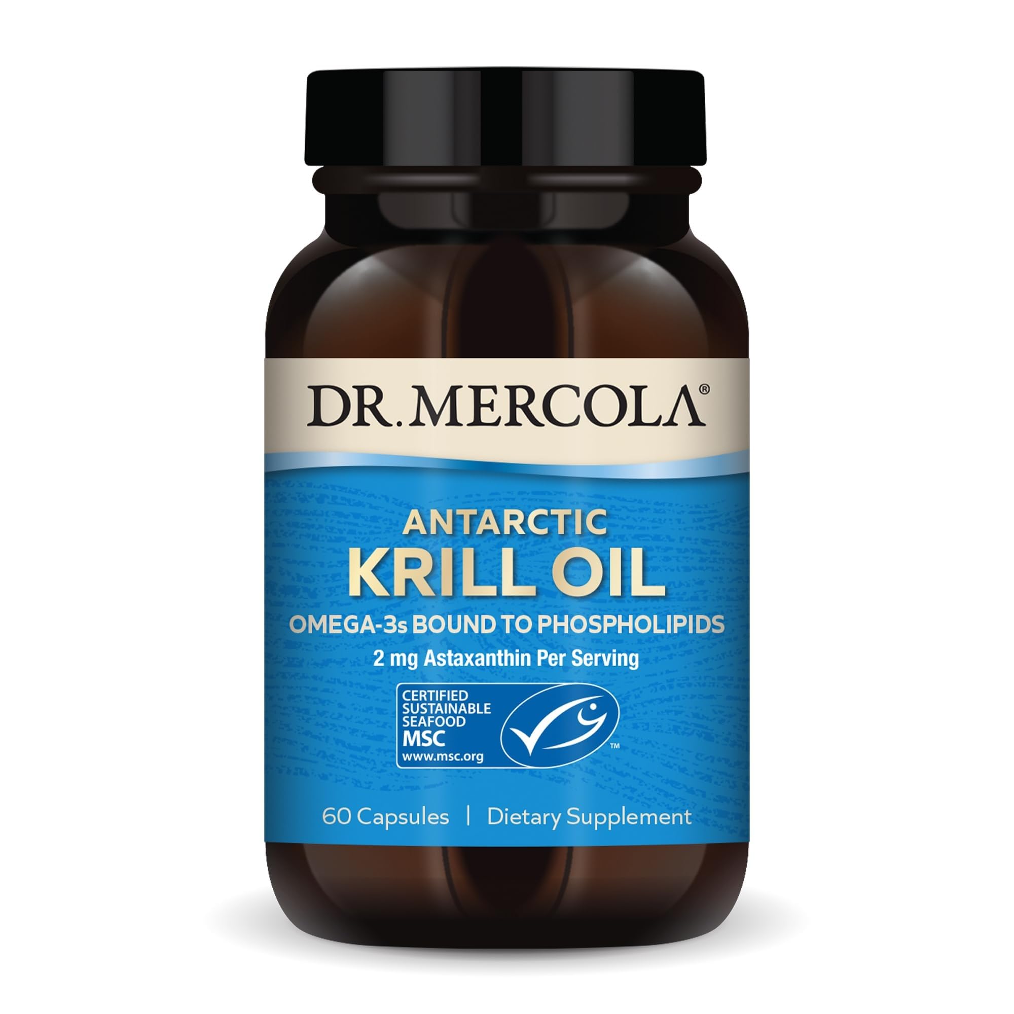 Dr. Mercola aceite de krill antártico en cápsula para uso diario.