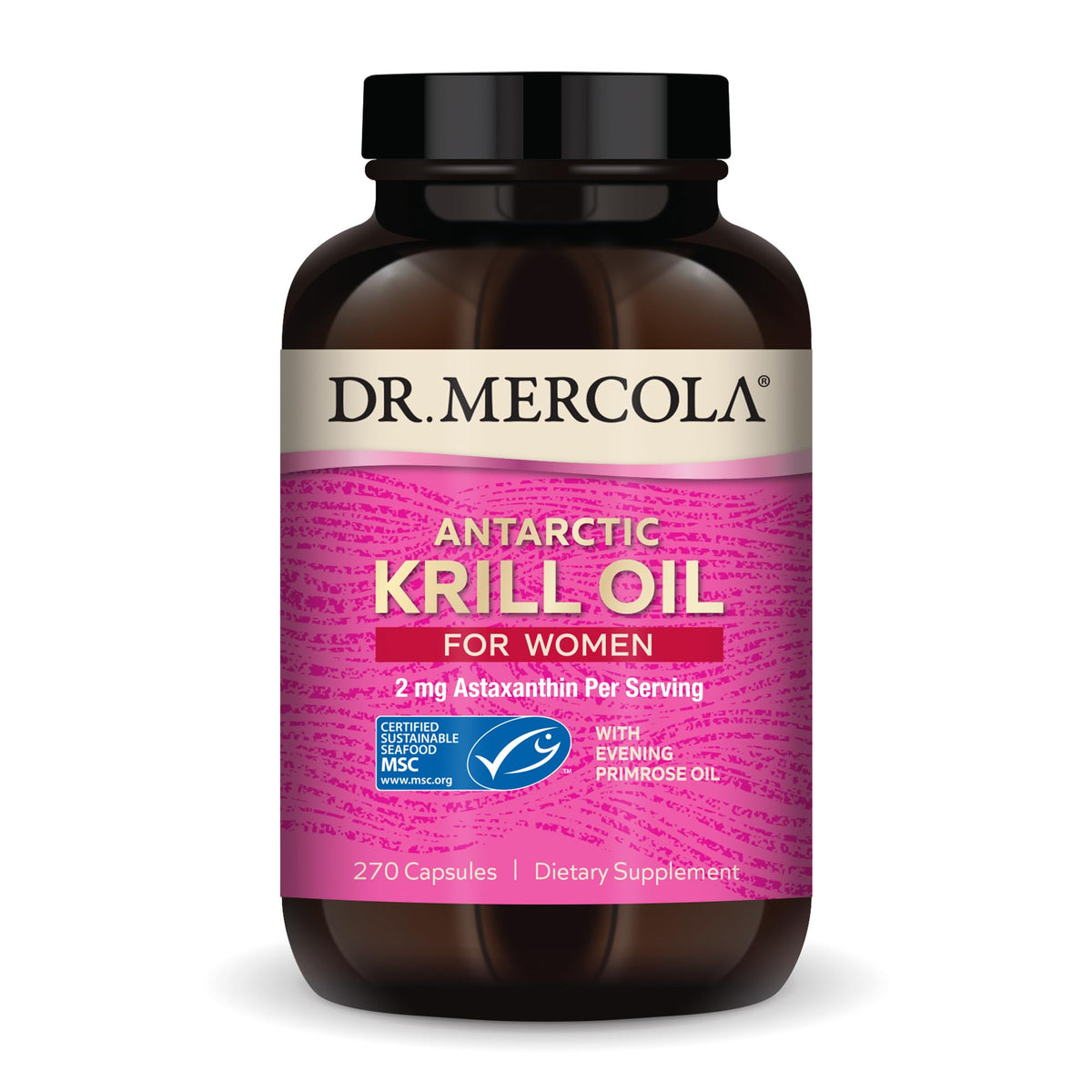 Botella de Dr. Mercola Krill para Mujeres, cápsulas listas para uso diario.