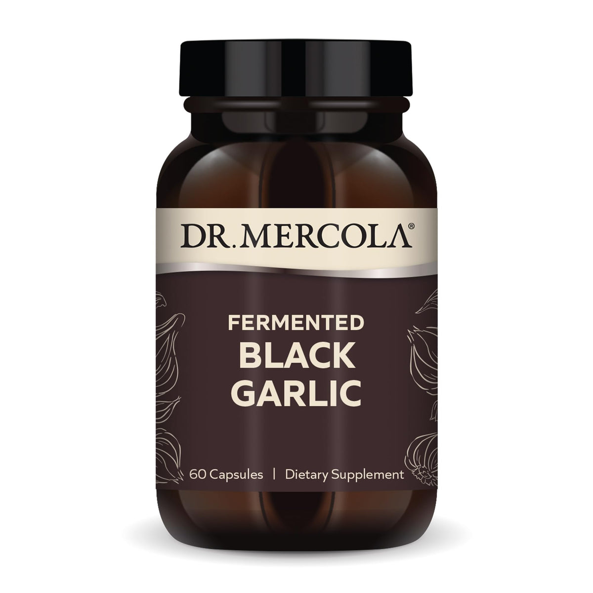 Dr. Mercola Ajo Negro Fermentado en cápsulas para apoyo inmunitario potencial.