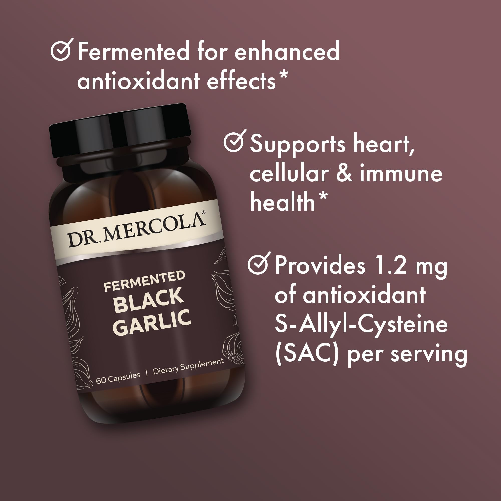 Frasco transparente Dr. Mercola Ajo Negro Fermentado, fácil de ver cápsulas.