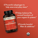Bote de vidrio reciclable con 180 cápsulas de Dr. Mercola Ashwagandha.