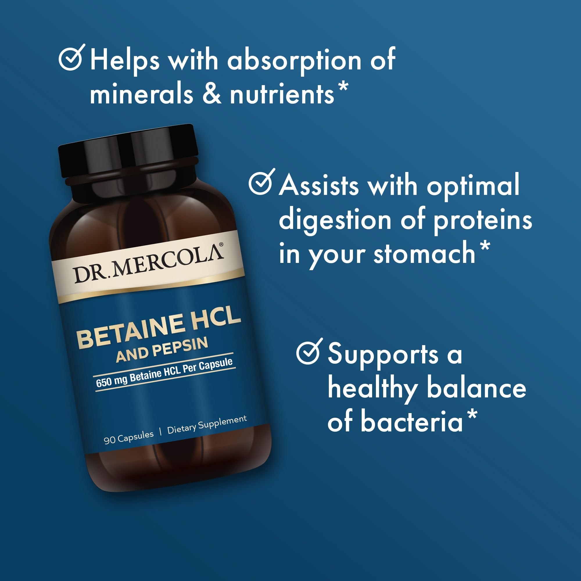 Cápsulas en mano para uso diario de Dr. Mercola Betaine HCL y Pepsin