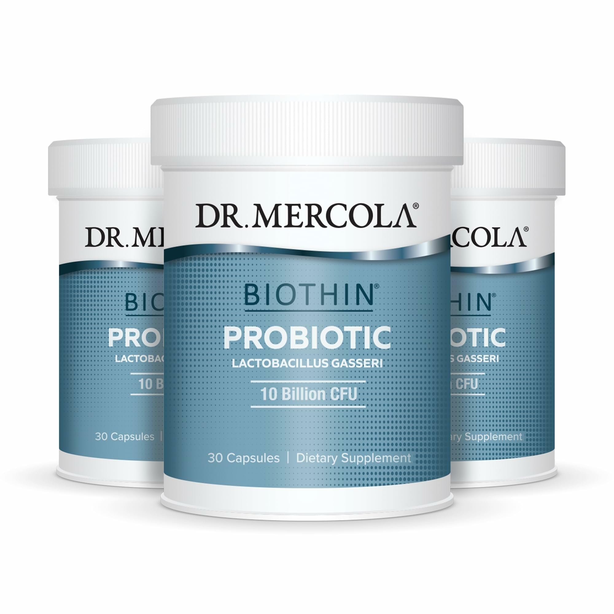 Botella de Dr. Mercola Biothin Probiotic para apoyo digestivo.
