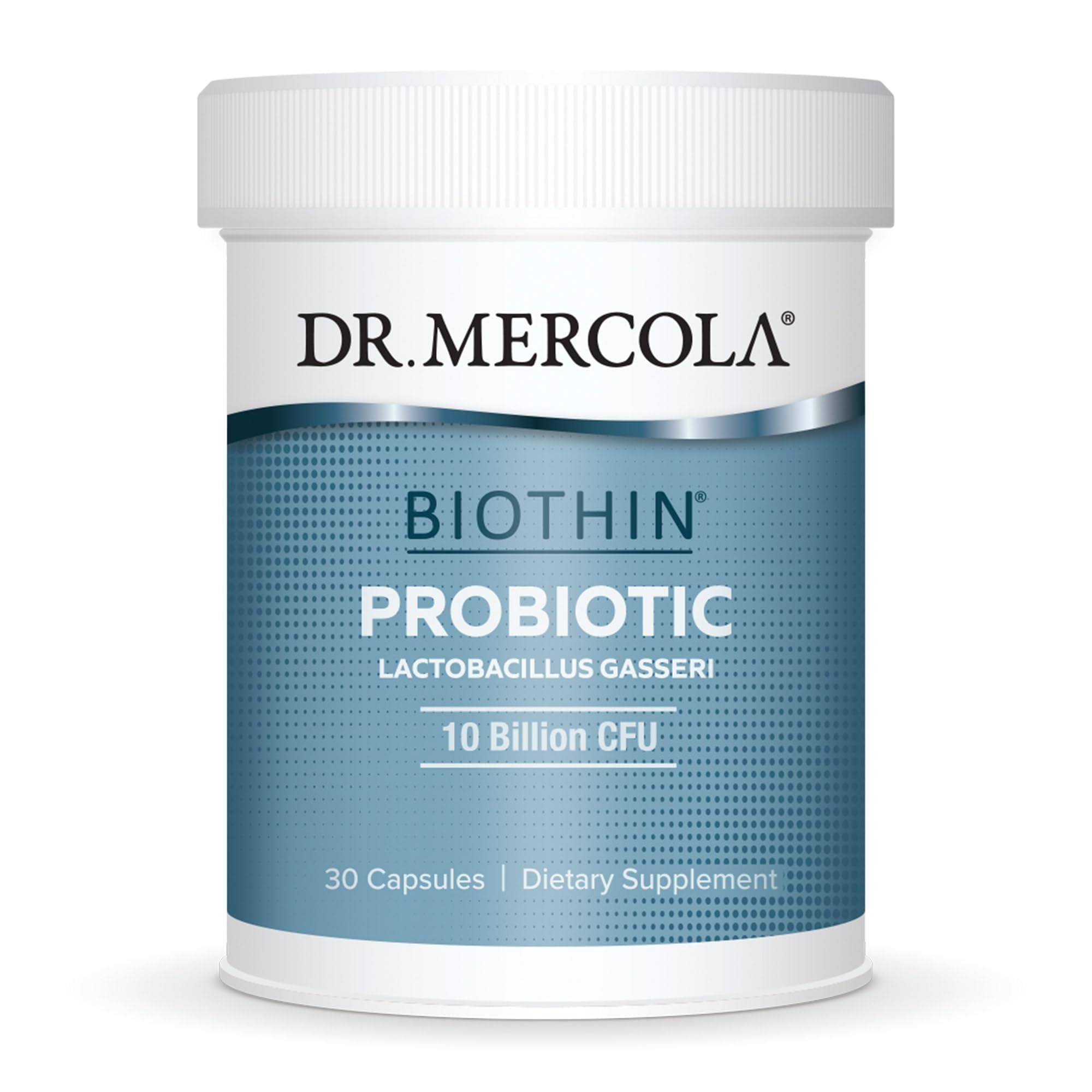 Botella de Dr. Mercola Biothin Probiotic para apoyo digestivo diario.