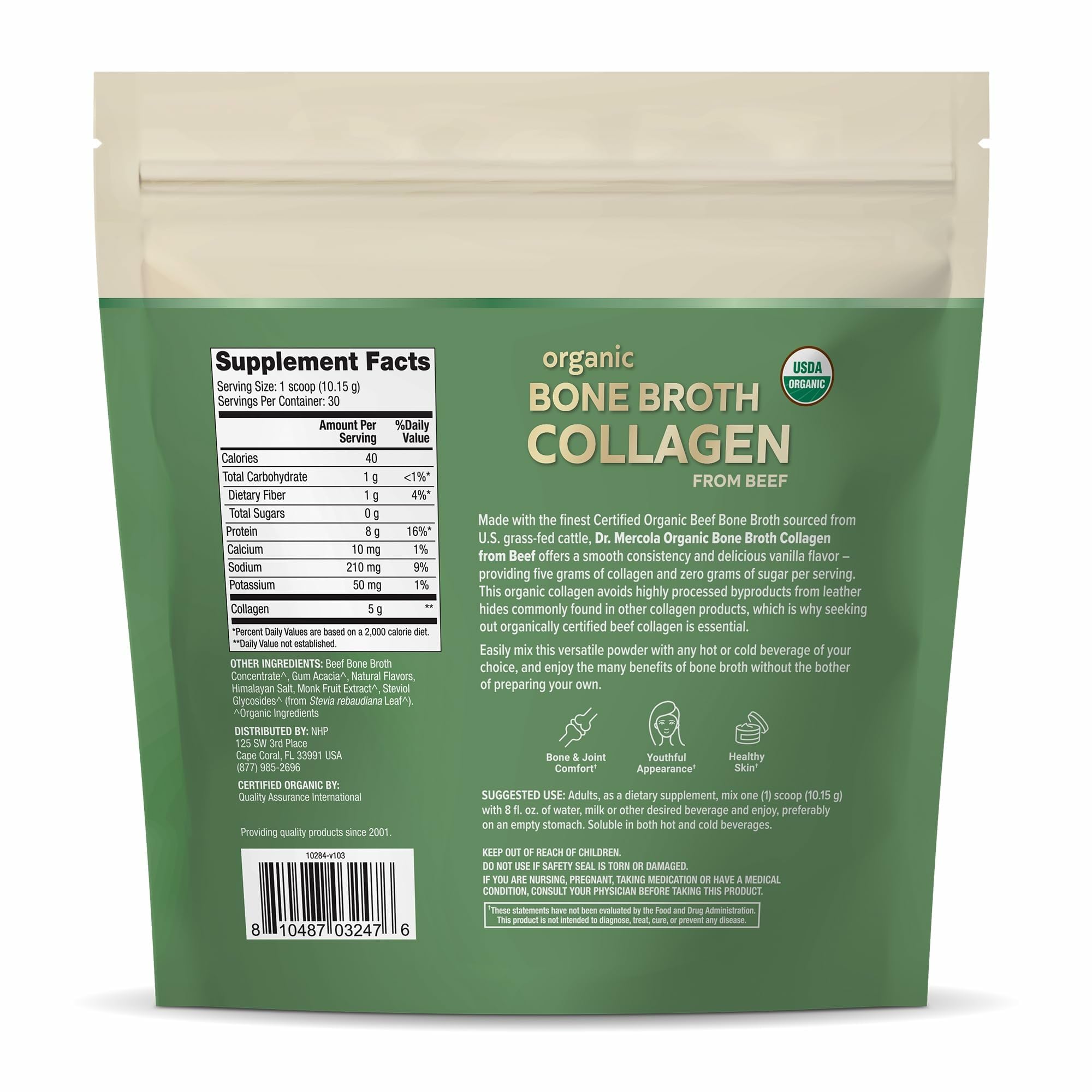 Dr. Mercola Bote de polvo de colágeno, caldo hueso orgánico, vainilla, fácil de agregar a cualquier bebida.