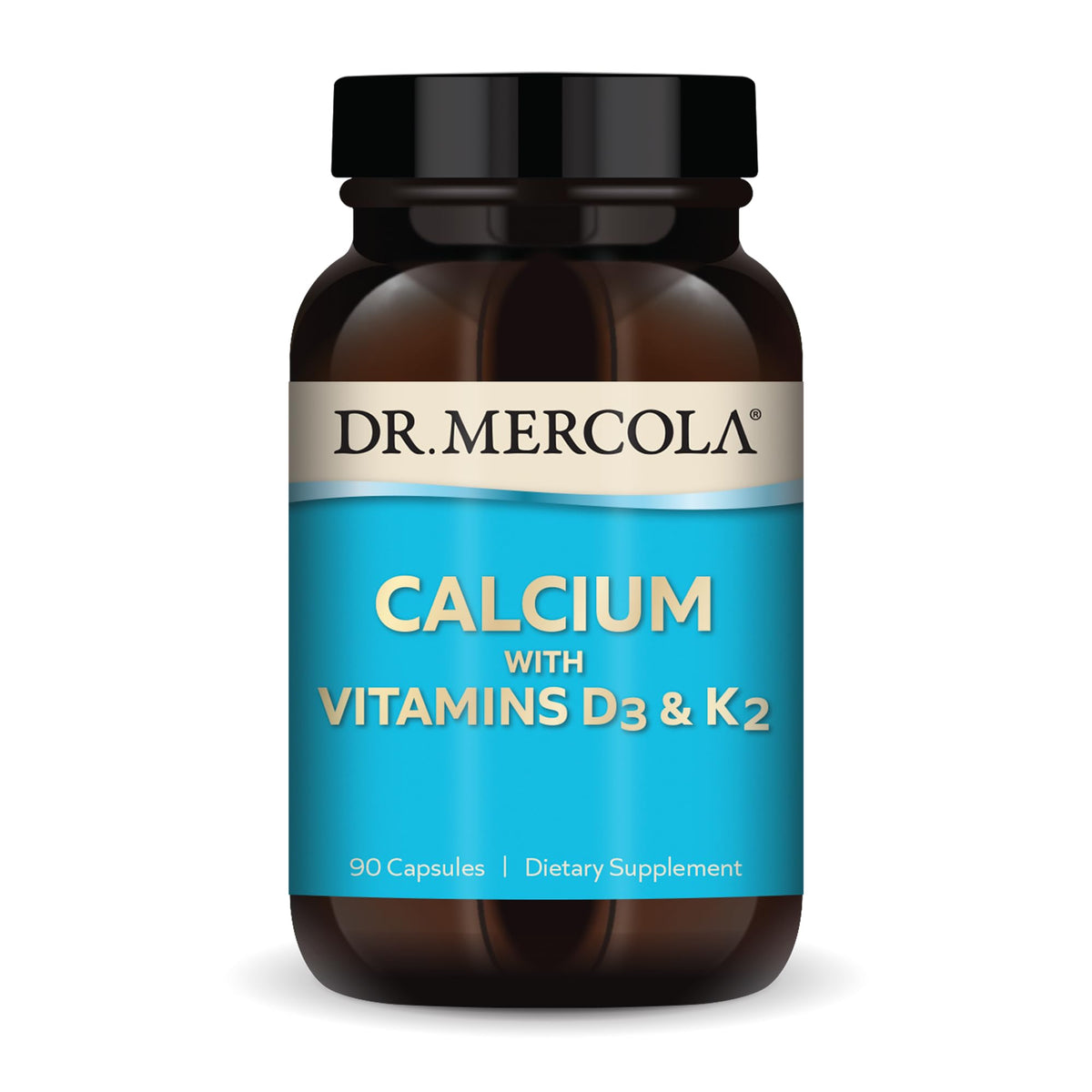 Botella de Dr. Mercola Calcio con D3 y K2 para uso diario.
