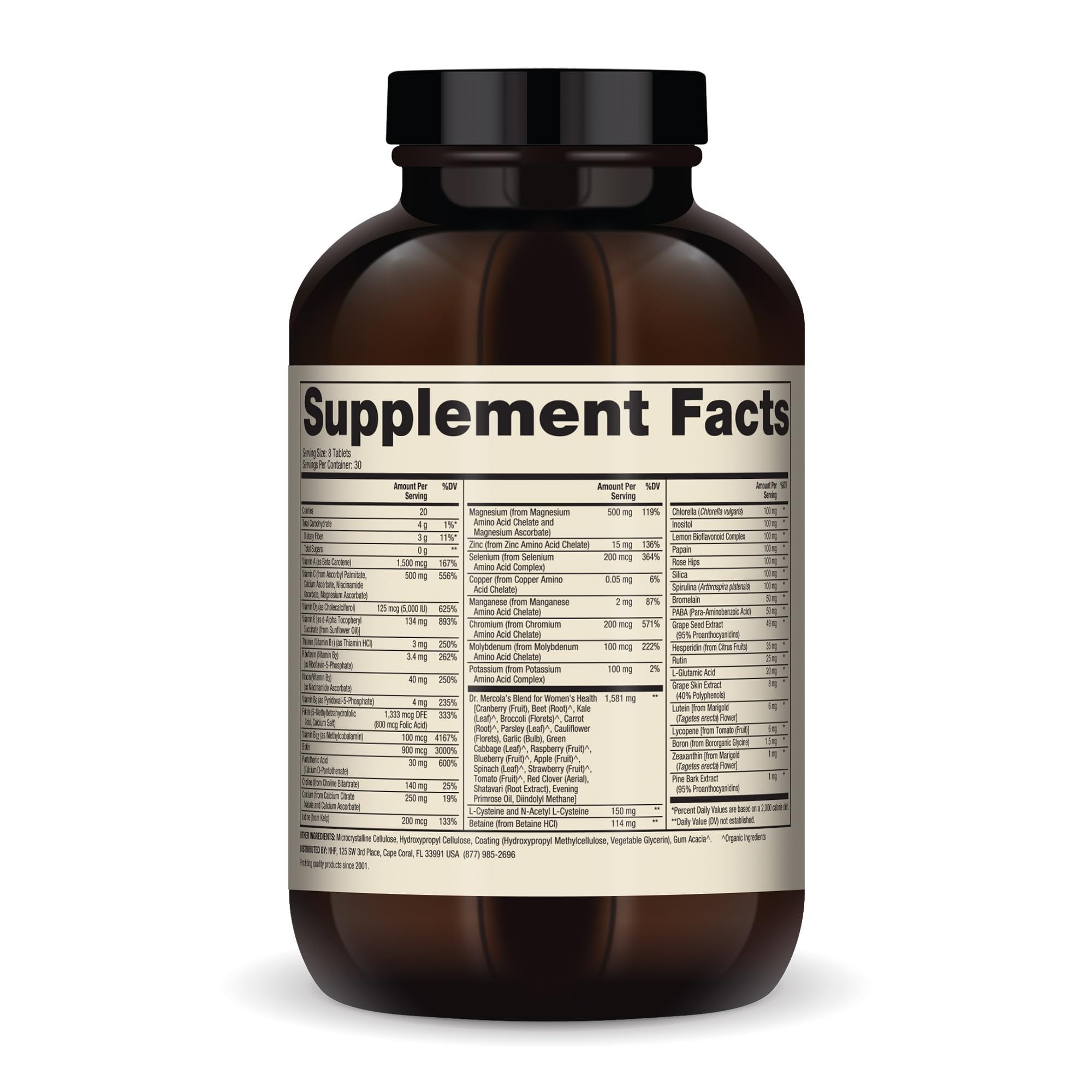 Dr. Mercola: etiqueta de la botella, destacando vitaminas y minerales esenciales.