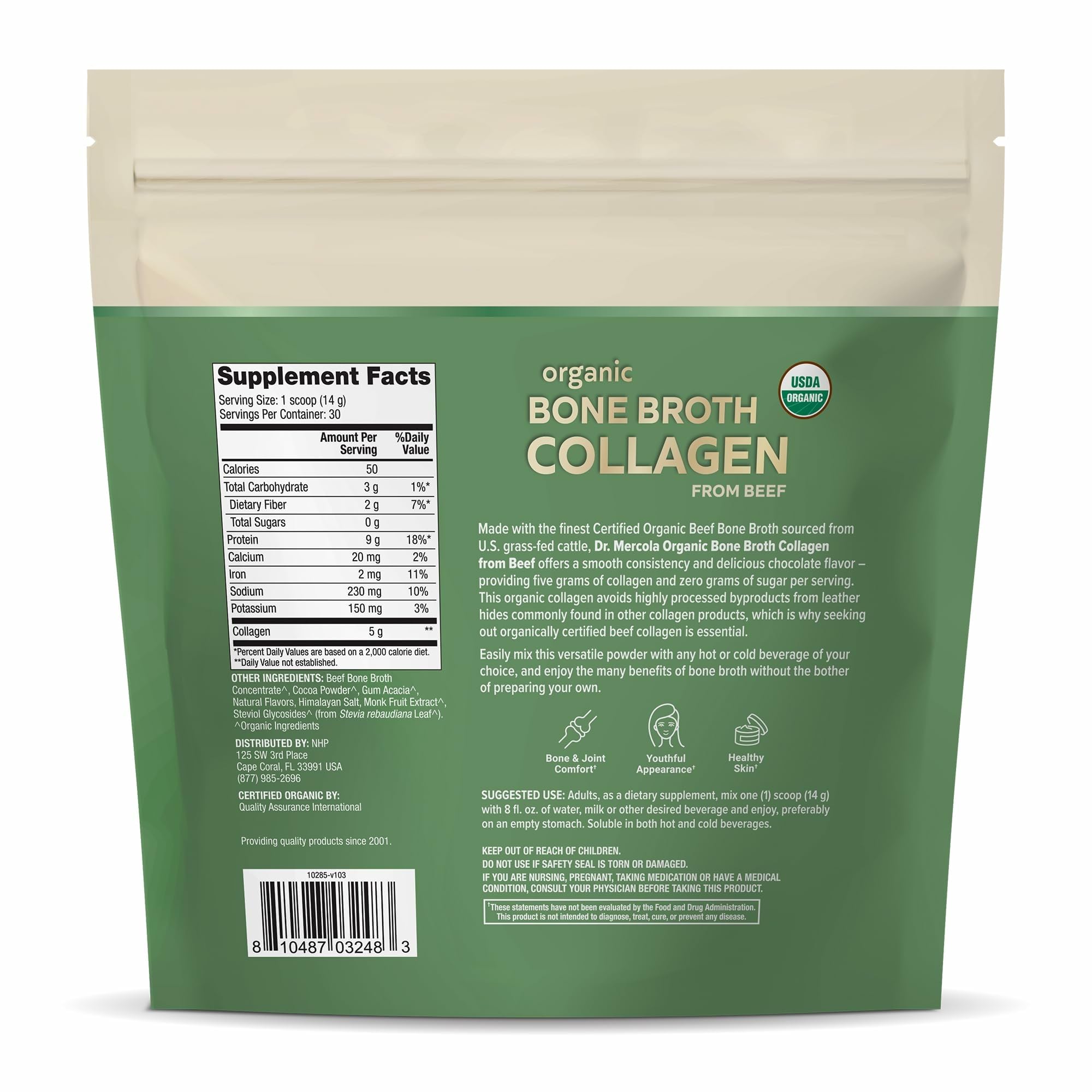 Caldos de hueso orgánico Dr. Mercola en polvo, complemento para articulaciones y digestión.